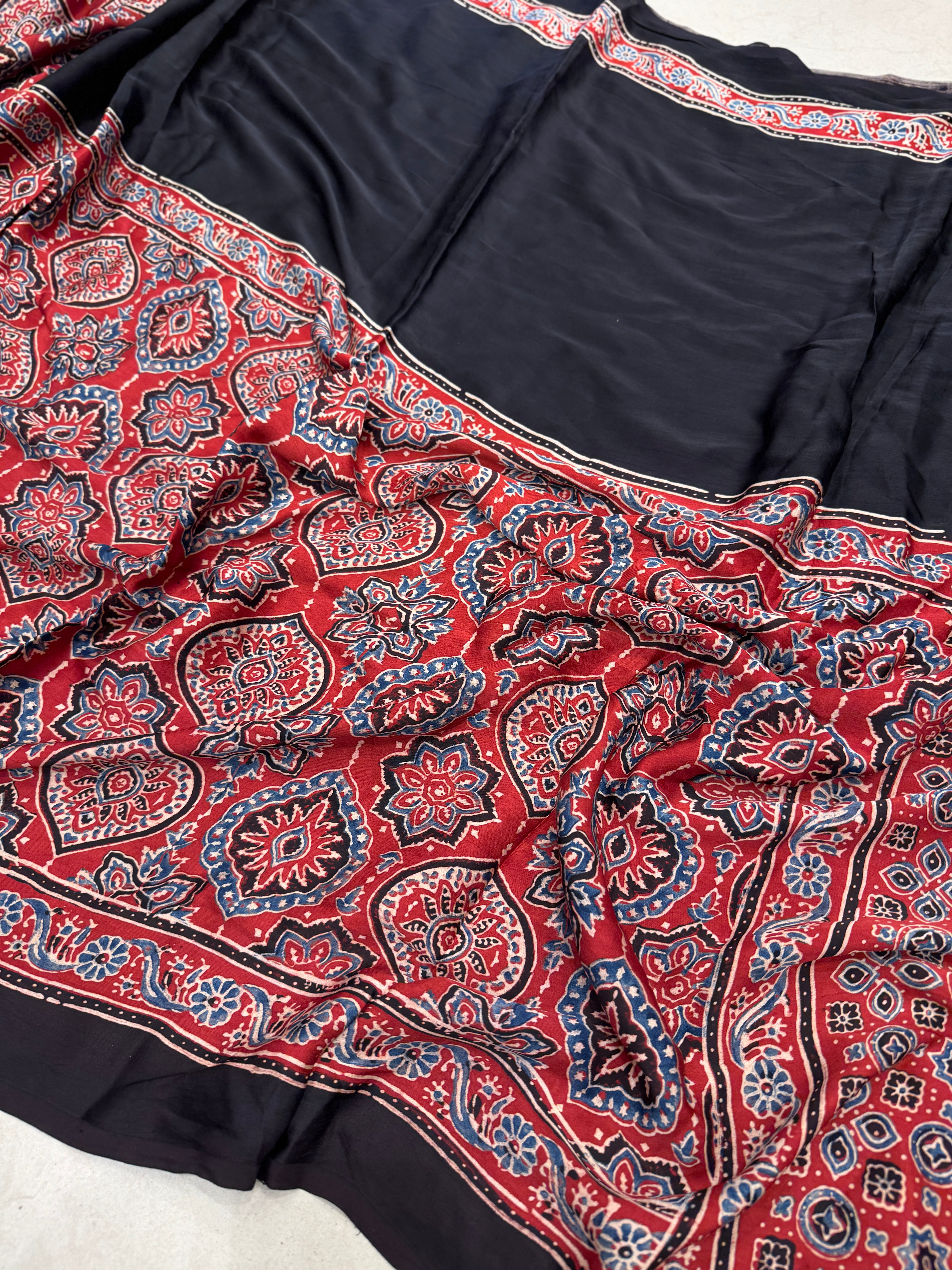 Red Half Contemporary Ajrakh Hand Block Print Pure Gajji Silk Saree