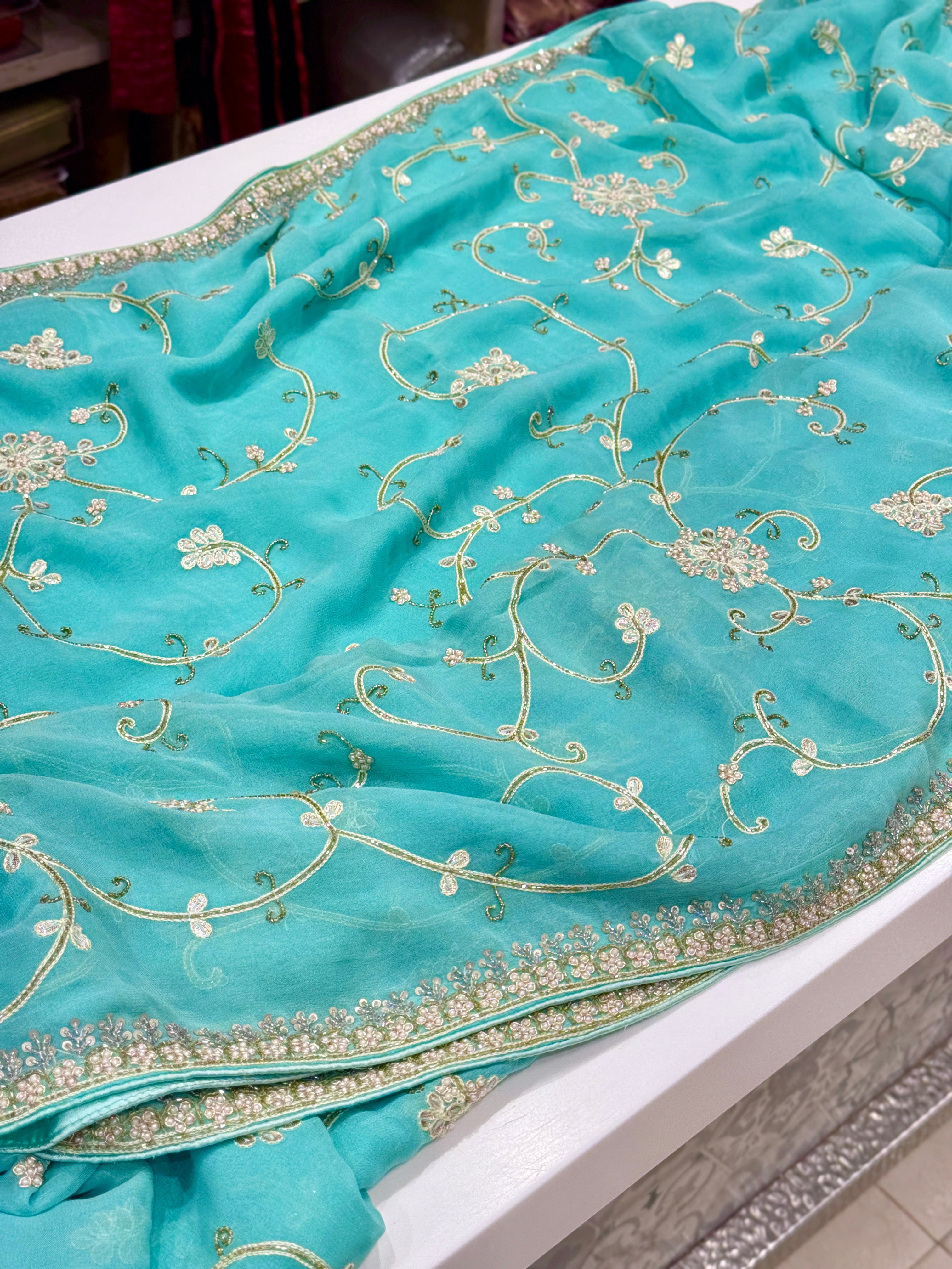 Sea Blue Georgette Gotapatti Jaal Saree