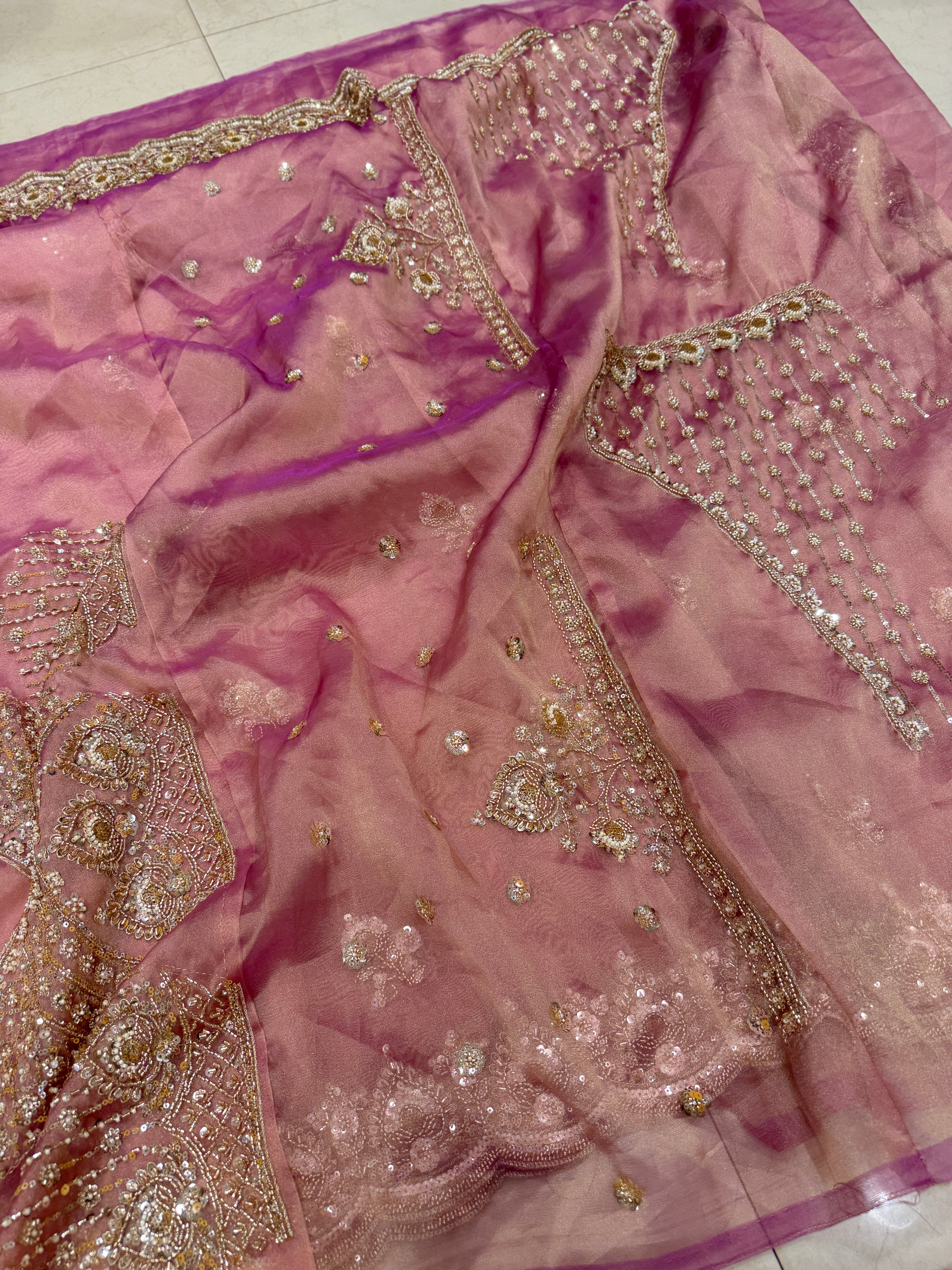Pink Tissue Organza Moti Sequin Embroidery Heavy Blouse Saree
