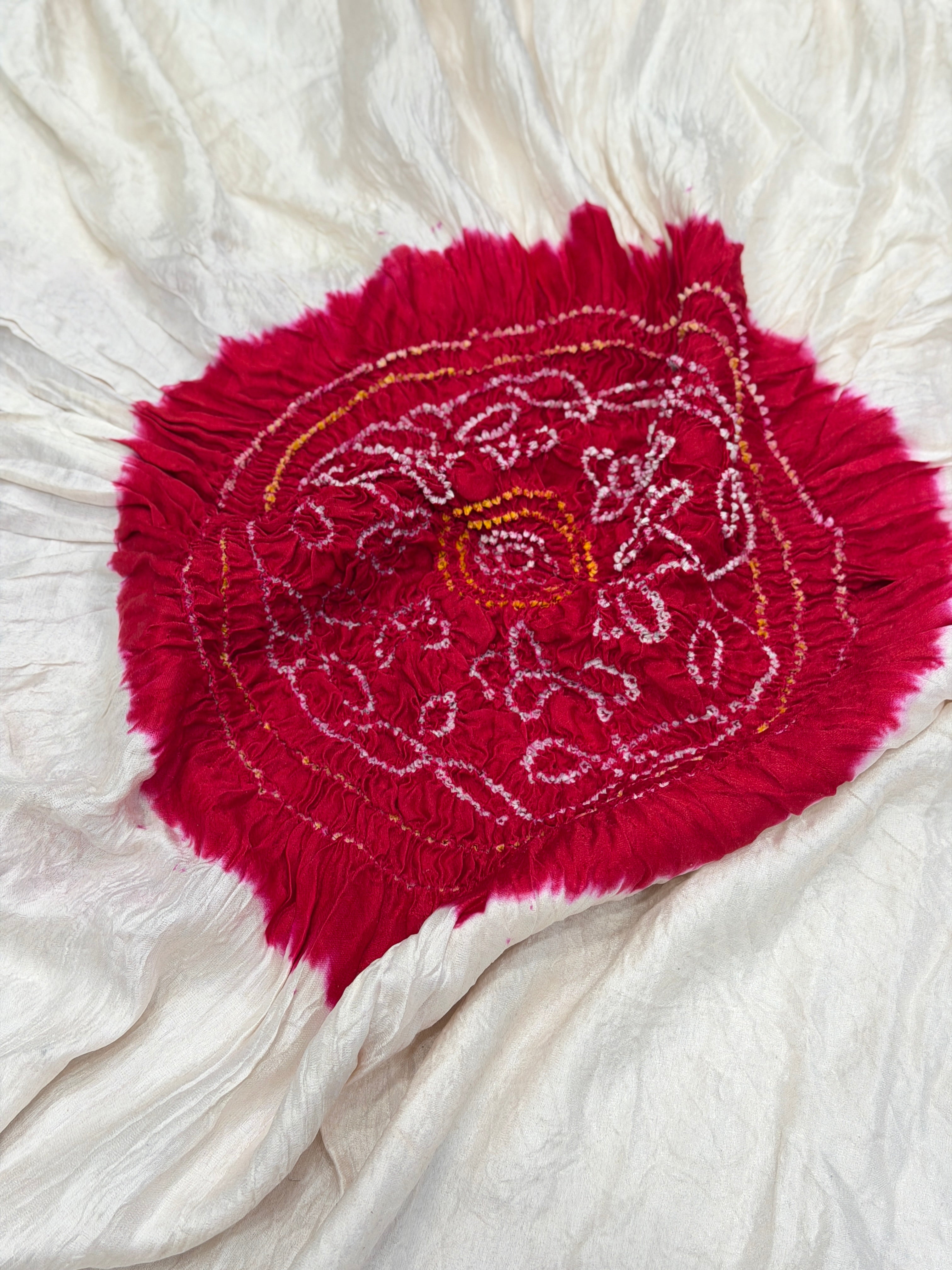White Rasmandal Pure Gajji Silk Rai Bandhej Hand Made Saree