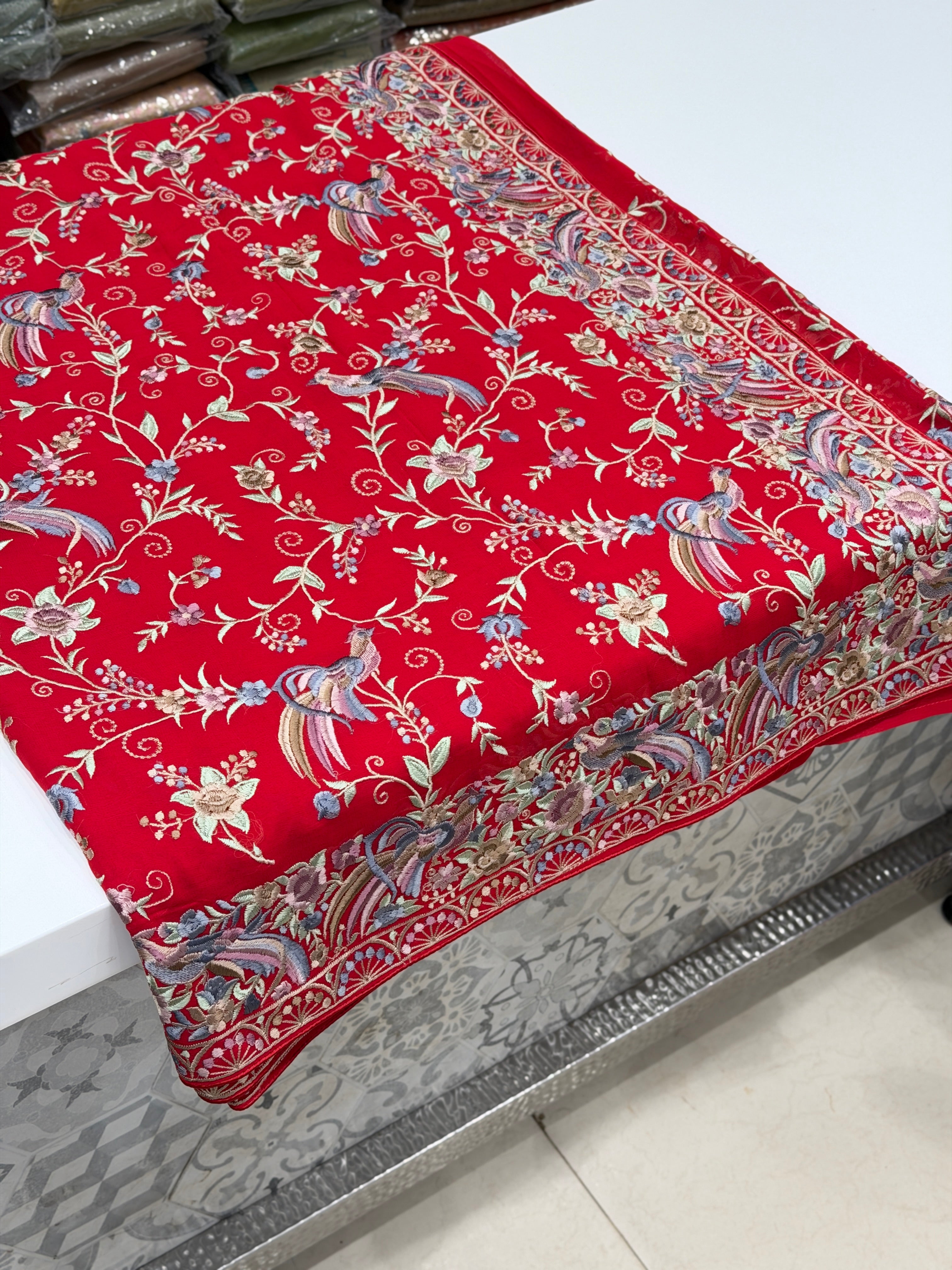 Red Georgette Meenakari Peacock Motif Jaal Parsi Gara Saree