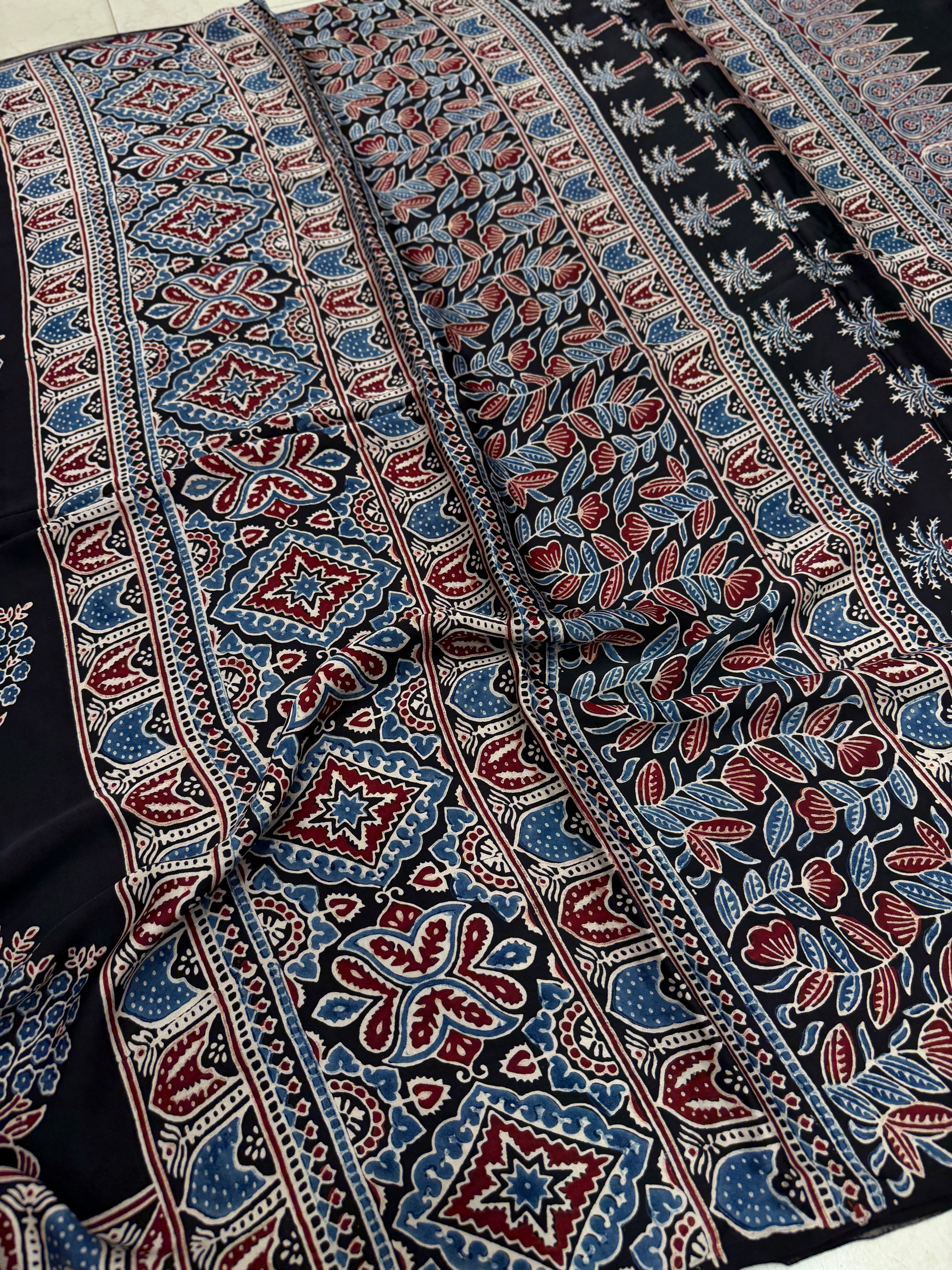 Cherry Blossom Butta Ajrakh Hand Block Print Pure Modal Silk Saree