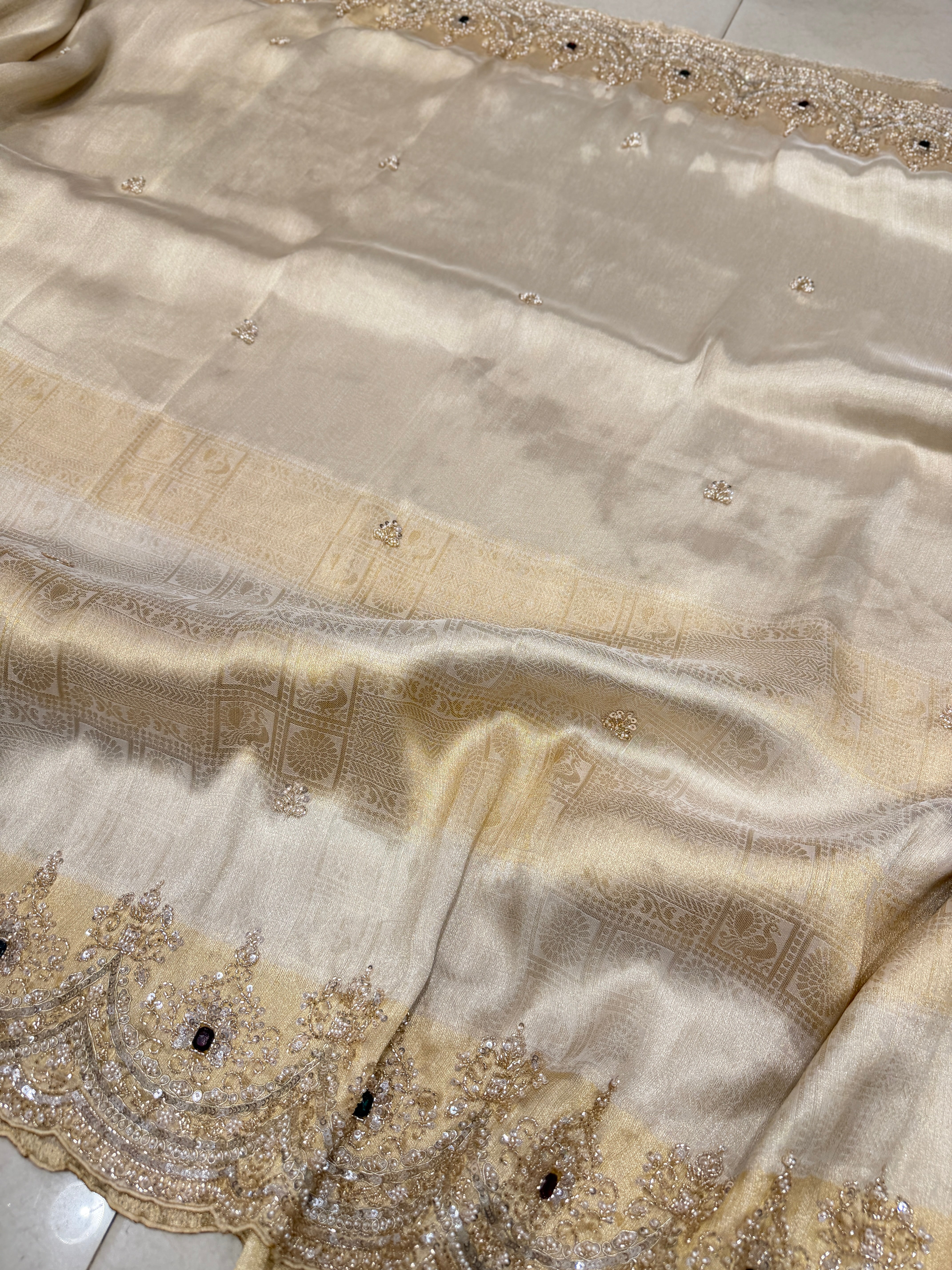 Gold Tissue Crepe Kanchi Style Weave Crystal Embroidery Saree