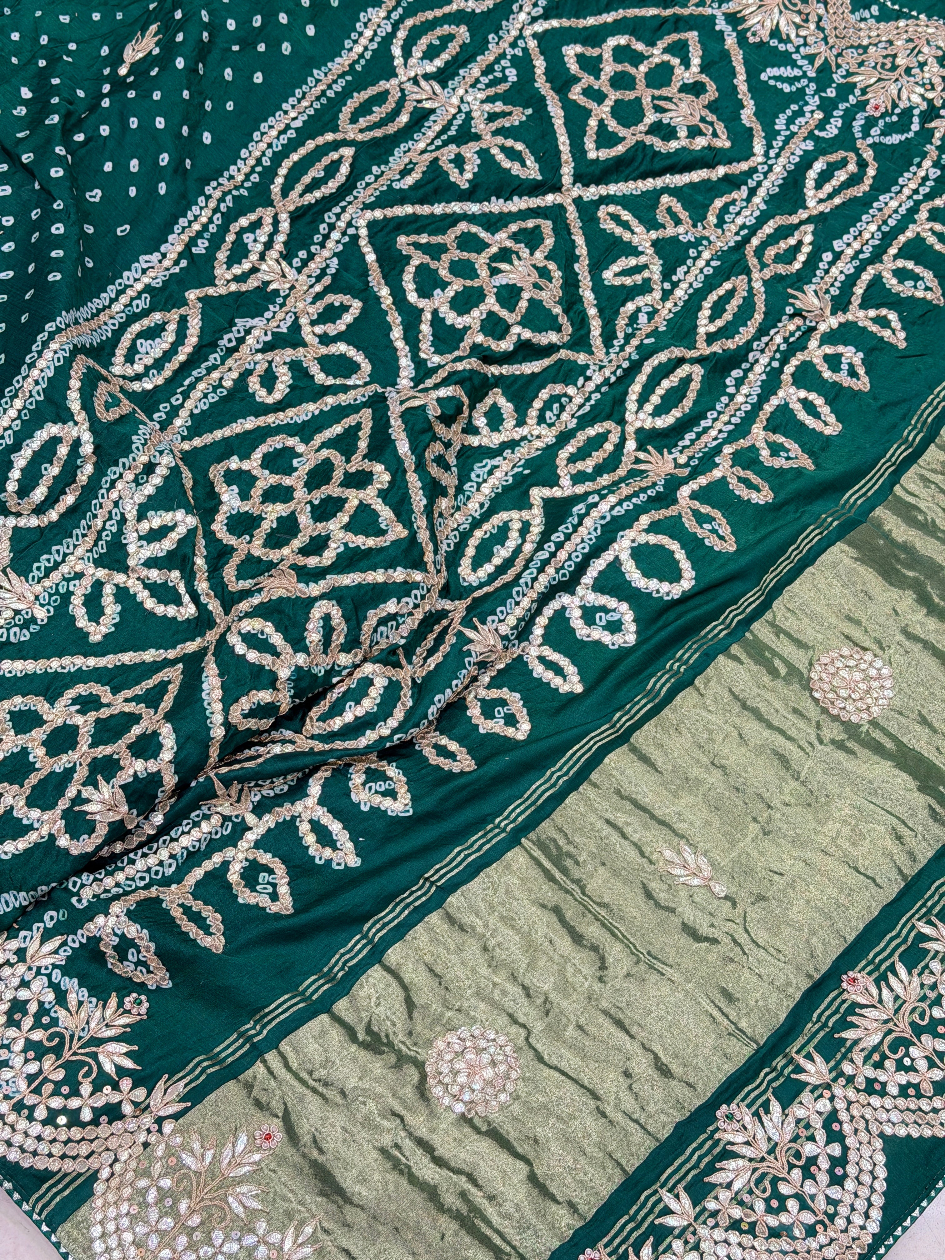 Bottle Green Gajji Silk Bandhej Gotapatti Hand Embroidery Saree