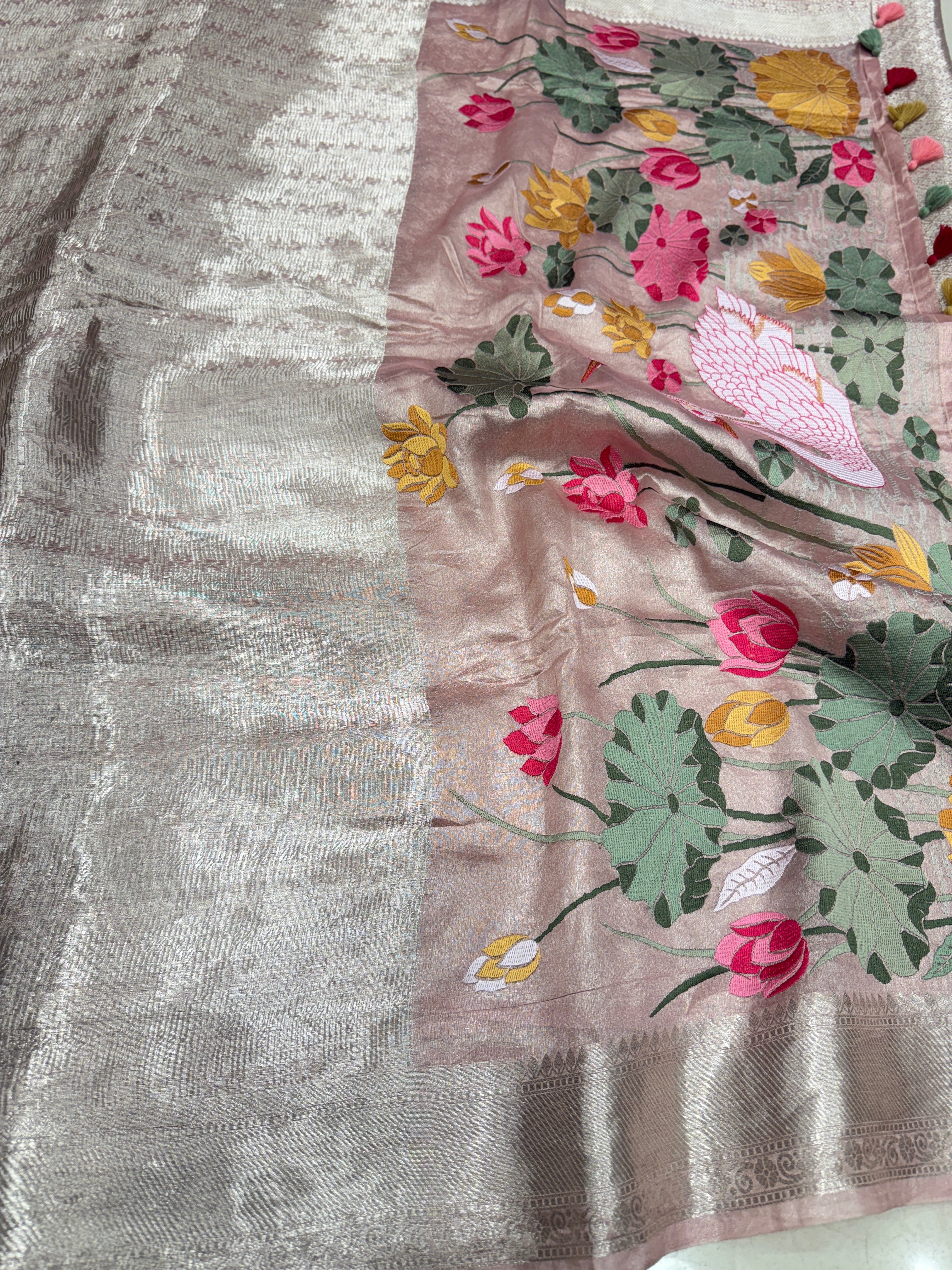 Nude Pink Silver Handloom Tissue Swans Contemporary Resham Embroidery Saree