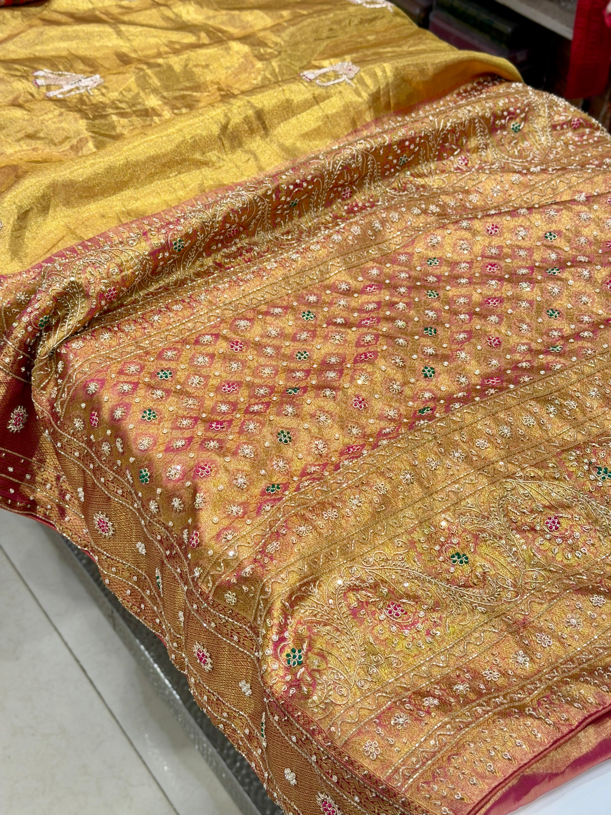 Golden Tissue Silk Kanjivaram Elephant Motif Zardosi Hand Embroidery Saree