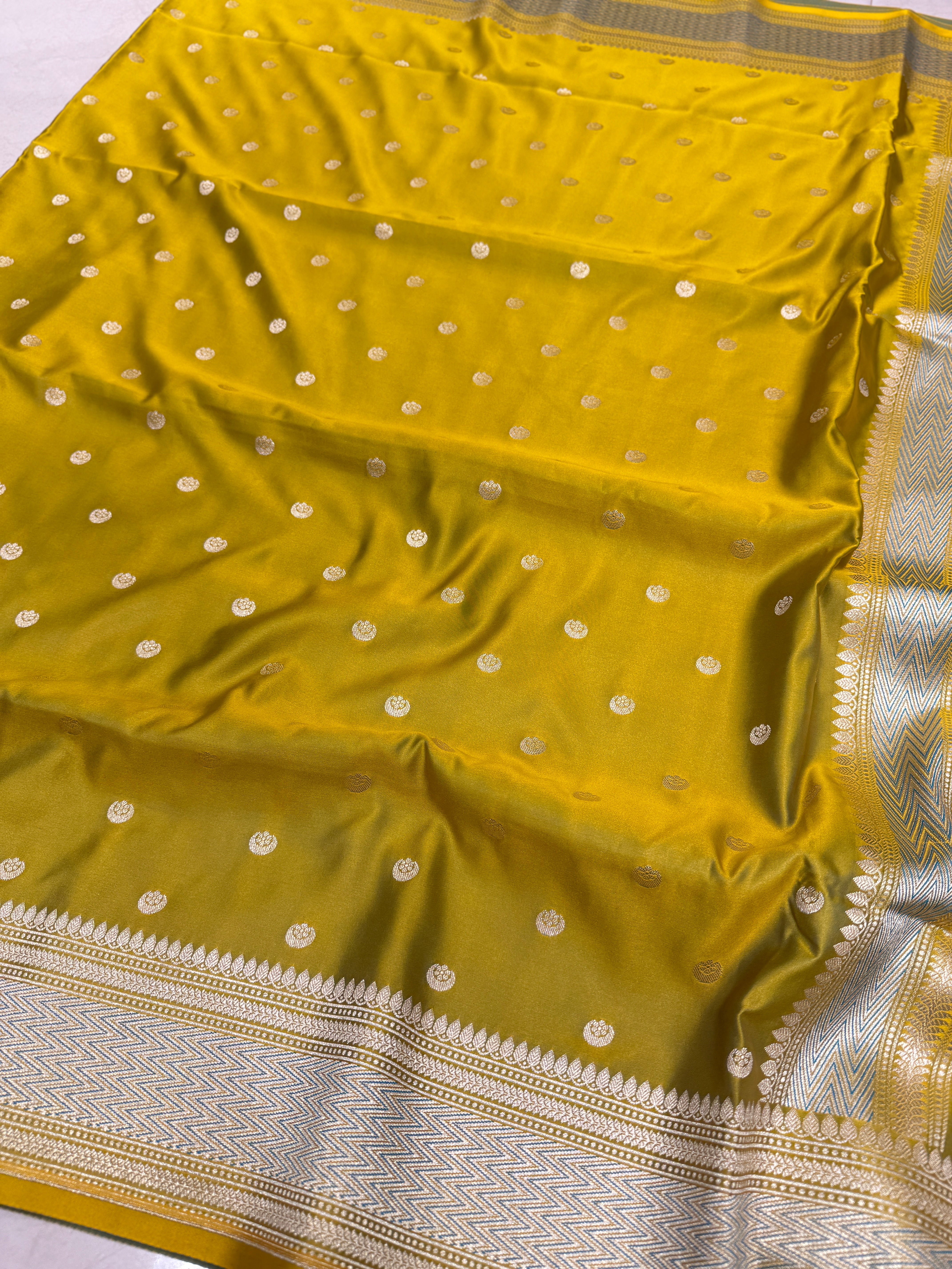 Greenish Yellow Banarasi Small Chand Butti Saree