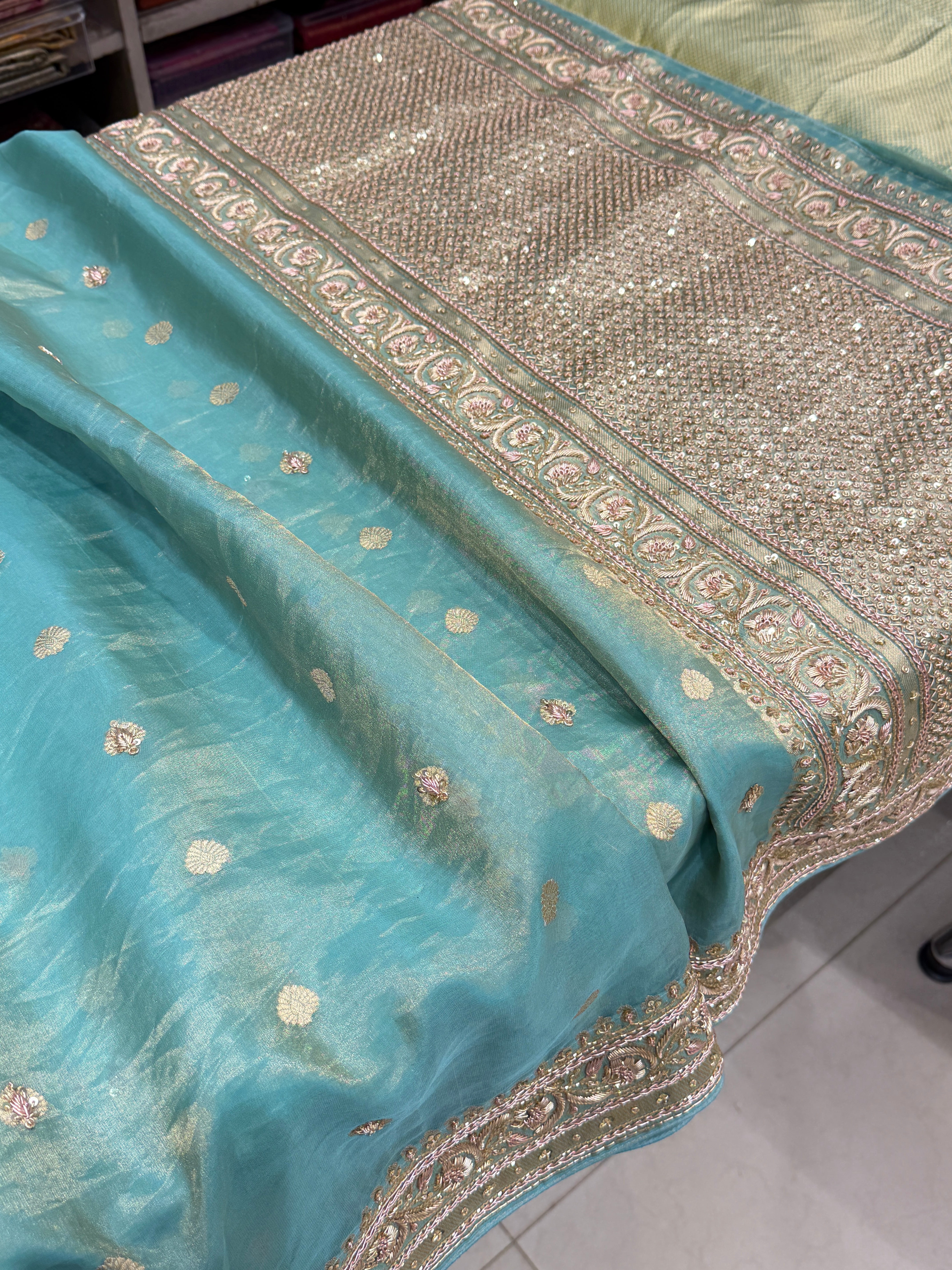 Sea Green Banarasi Tissue Handloom Kadwa Weave Zardosi Embroidery Saree
