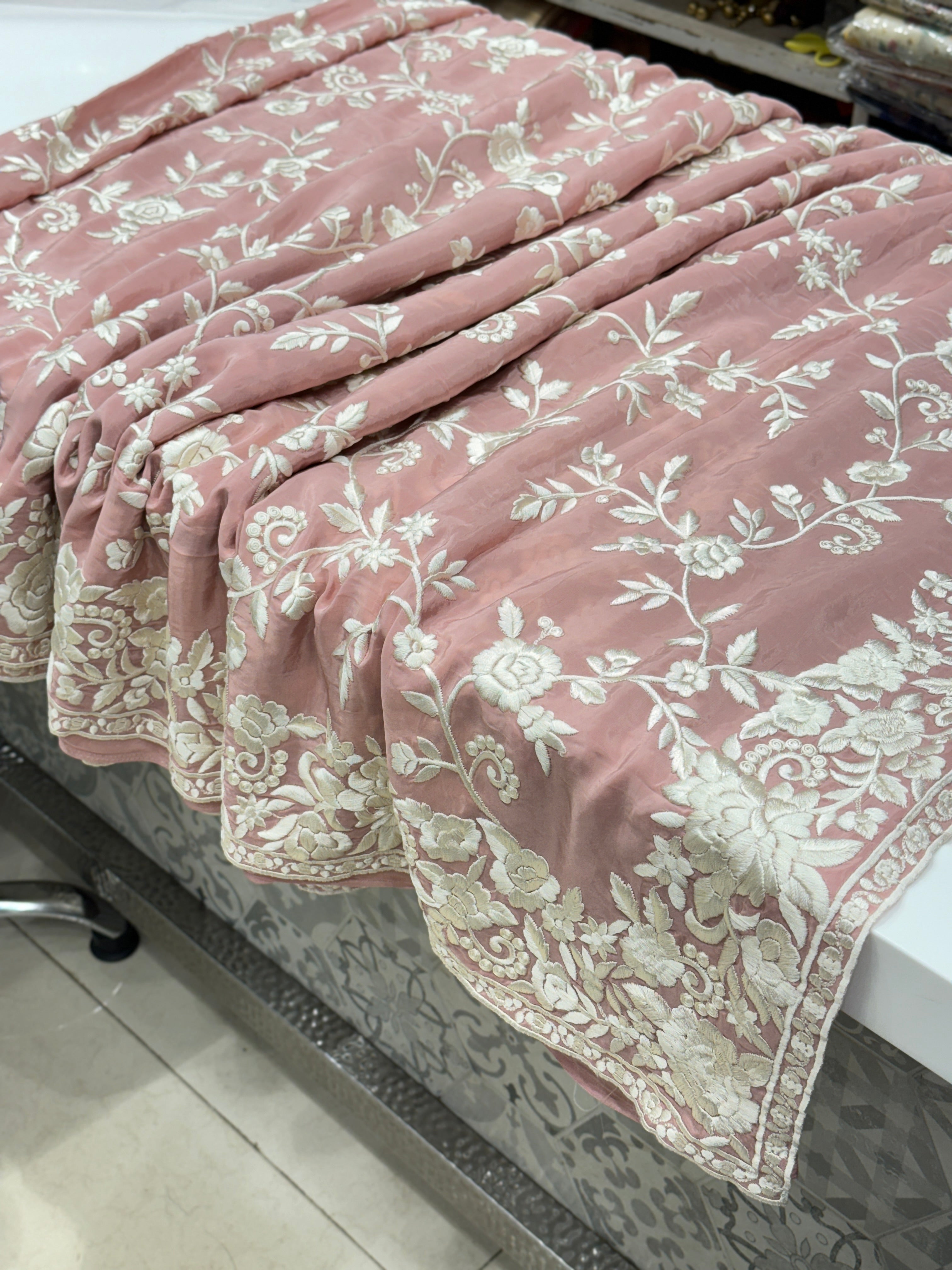 Pink Crepe Floral Parsi Gara Saree