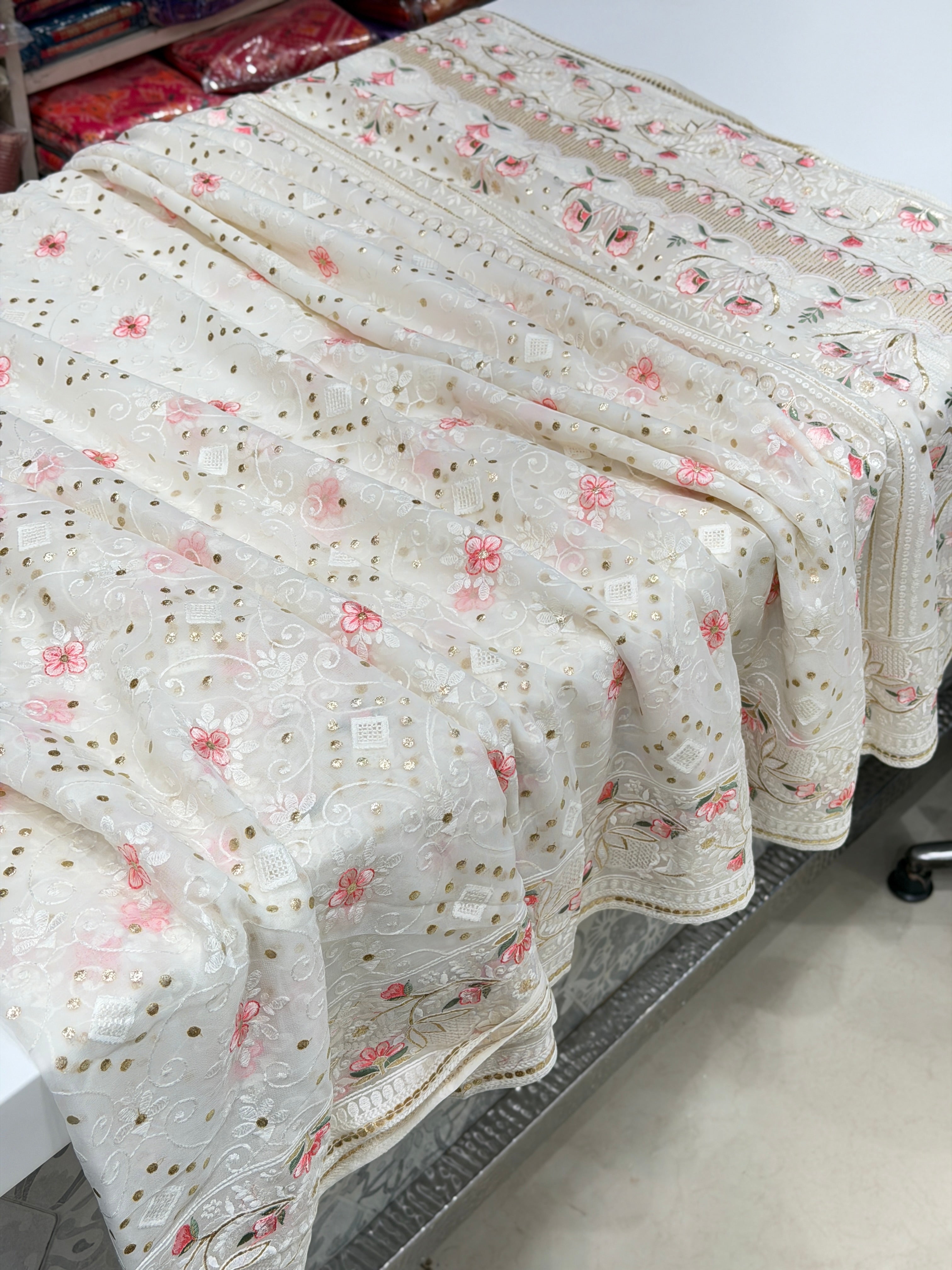 White Chikankari Meena Resham Mukaish Pita Georgette Saree