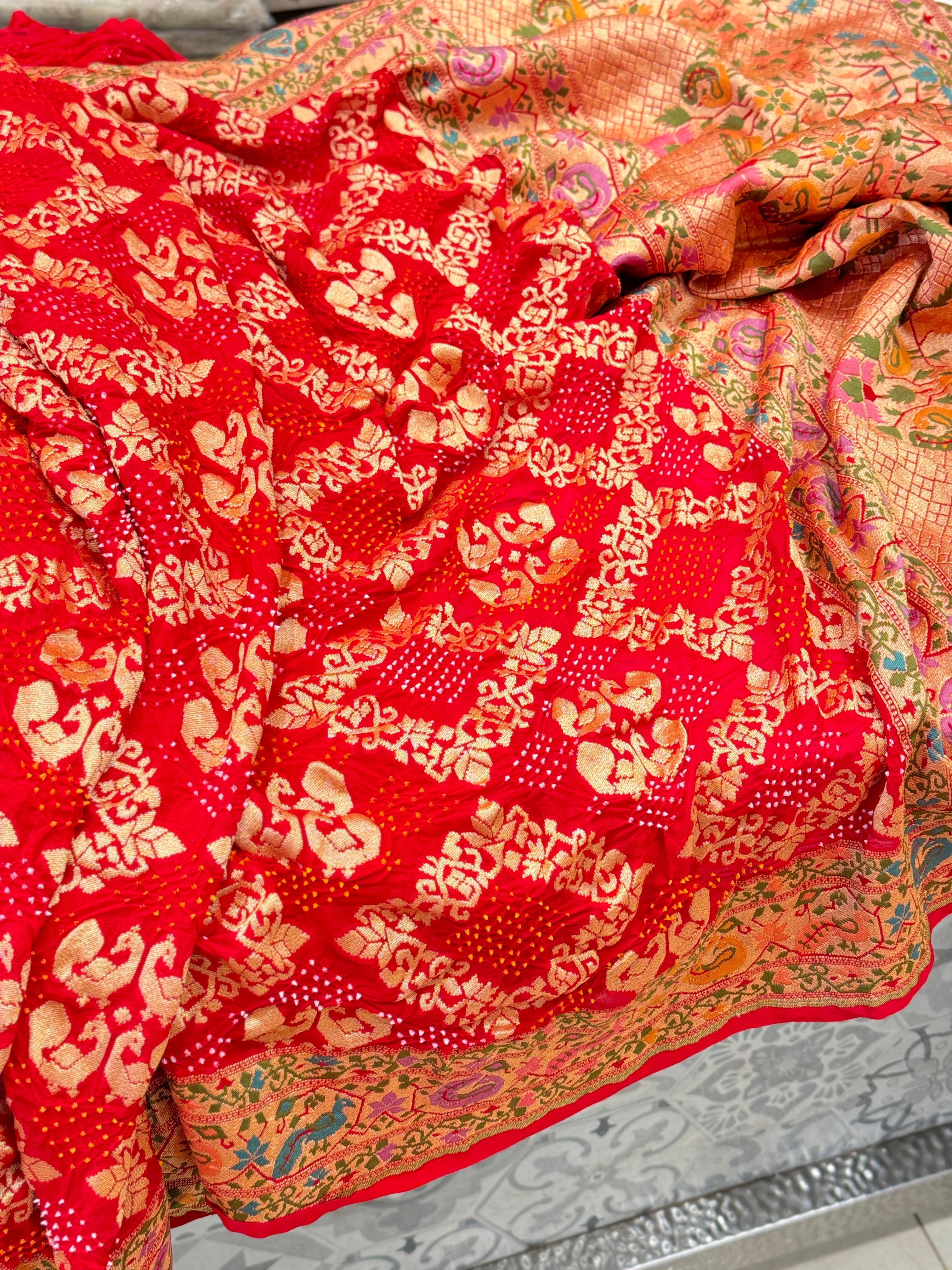 Red Luxury Bandhej Meenakari Saree