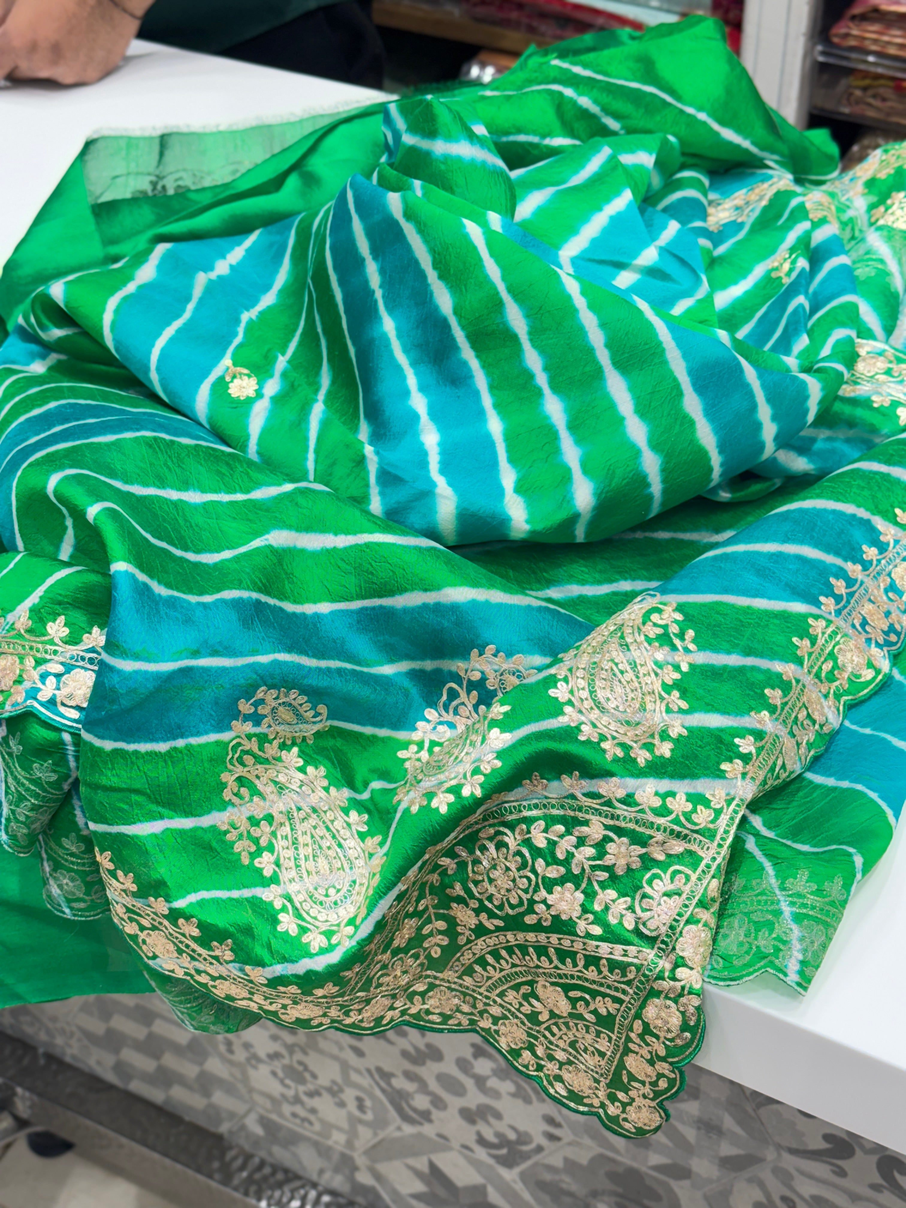 Green Tussor Silk Leheriya Hand Embroidery