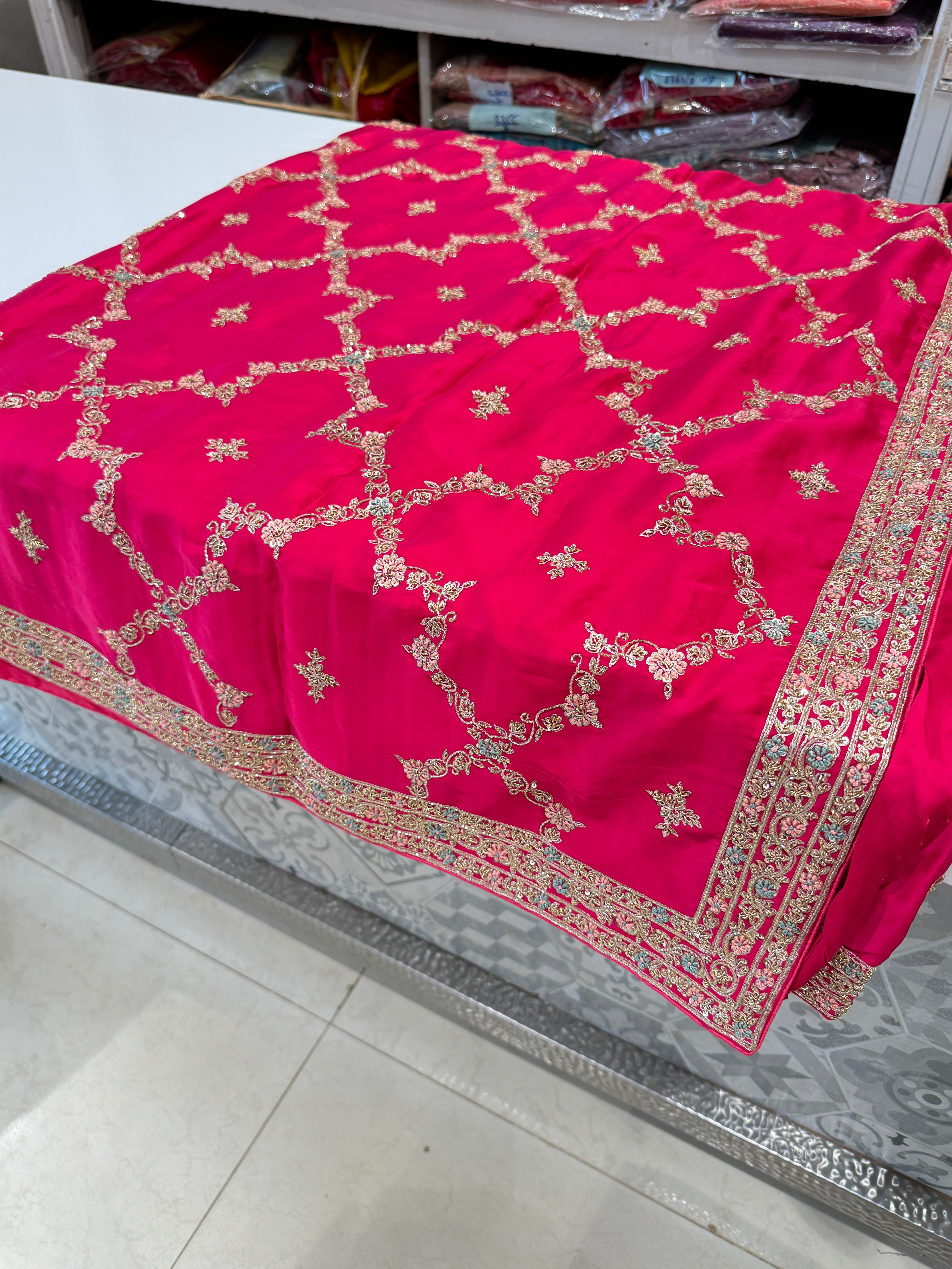 Rani Resham Mughal Jaal Satin Hand Embroidery Zardosi Saree