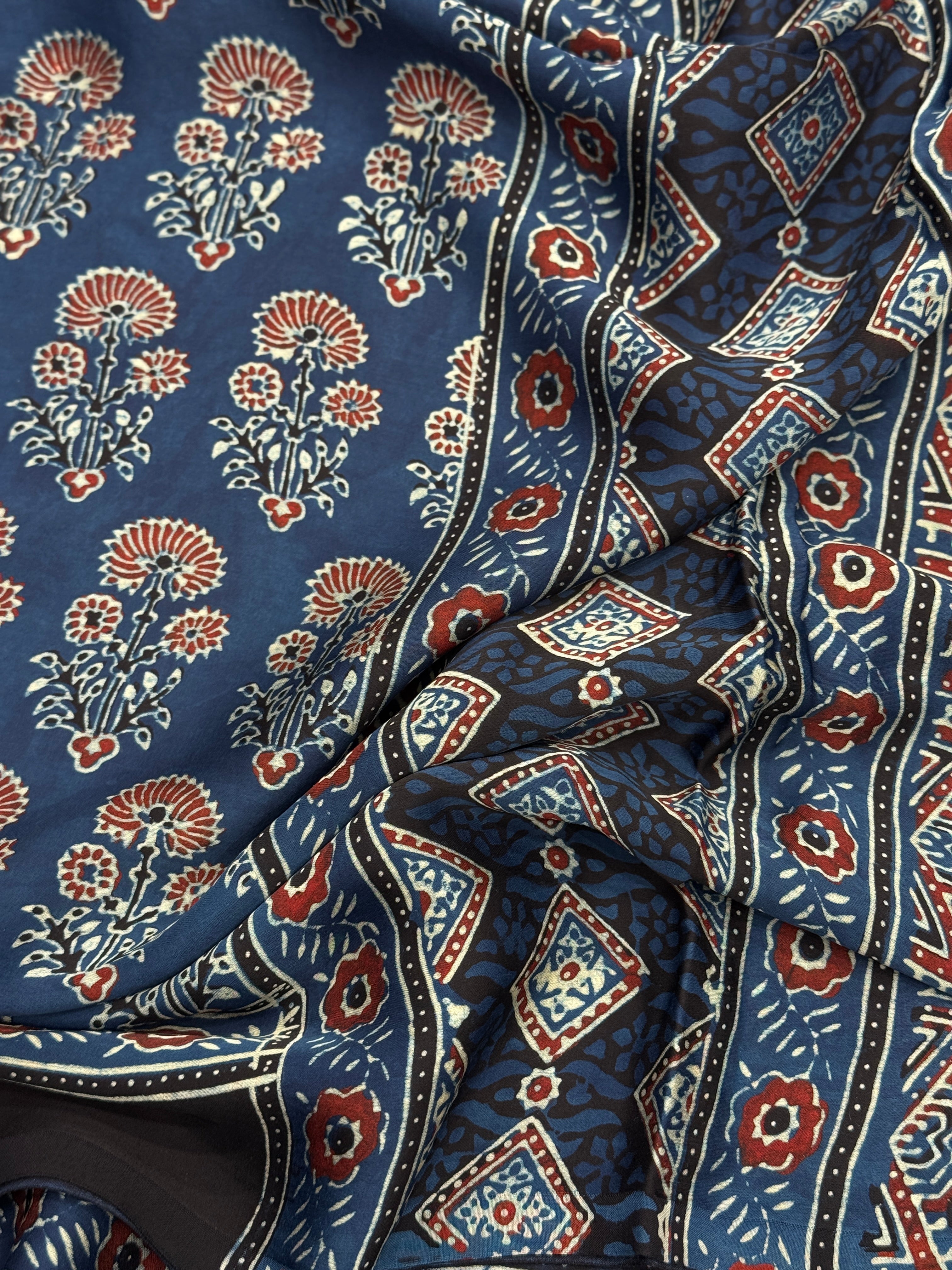 Blue Floral Buttas Floral Pallu Hand Block Print Ajrkah Pure Gajji Silk Saree