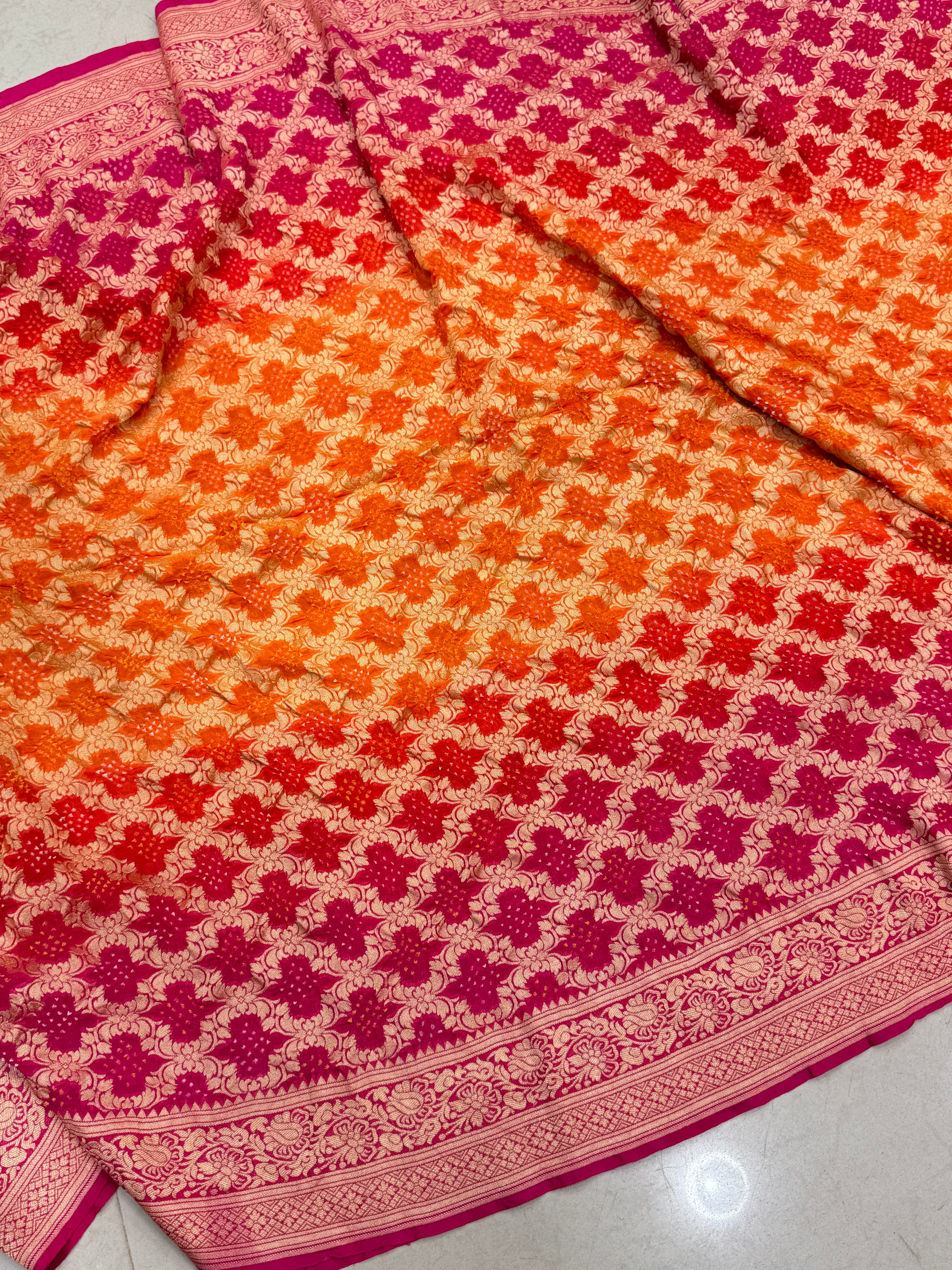 Orange Rani Shaded Bandhej Bandhini Saree