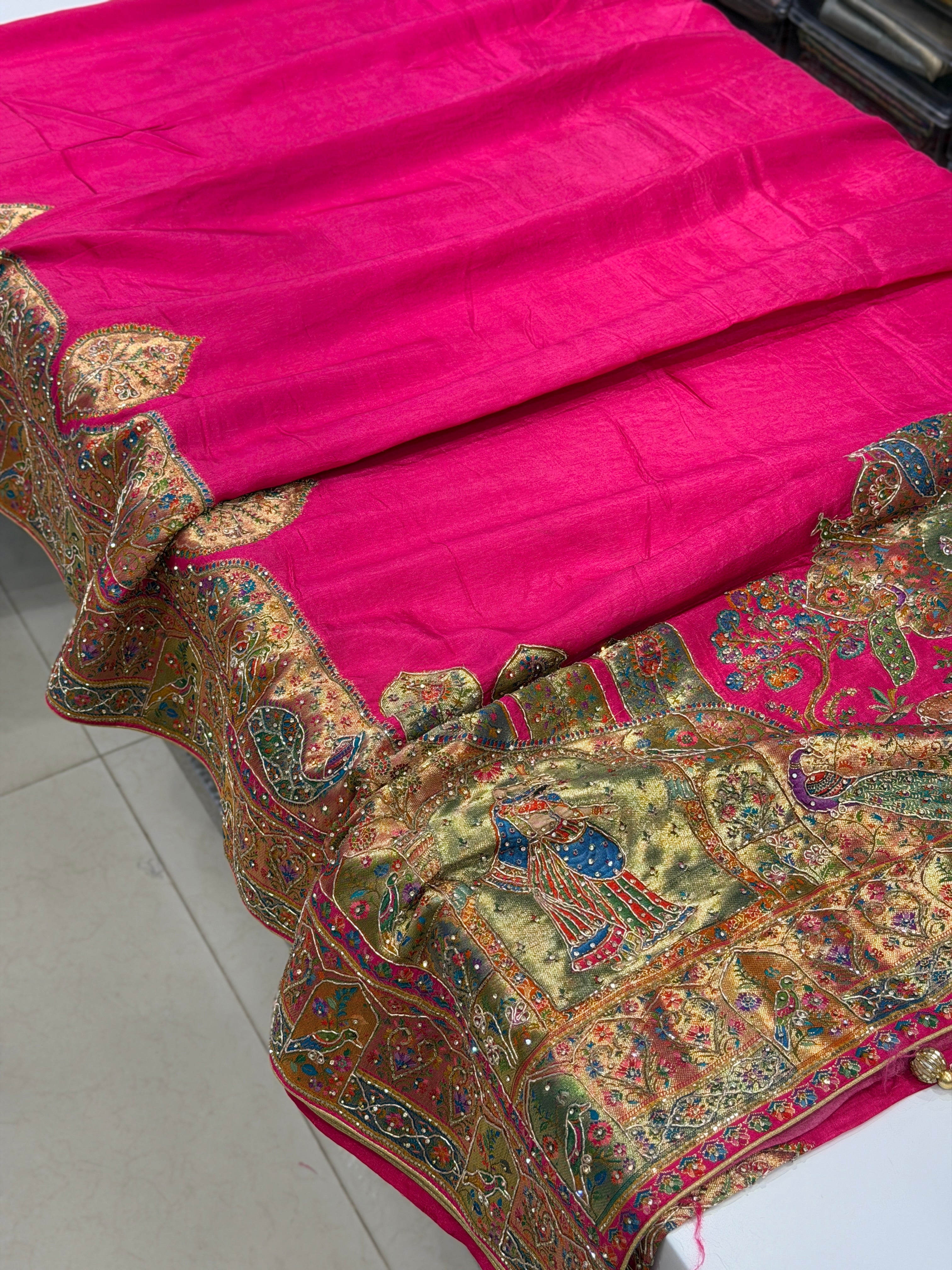 Rani Pashmina Plain Body Hand Embroidery Zardosi Border Saree