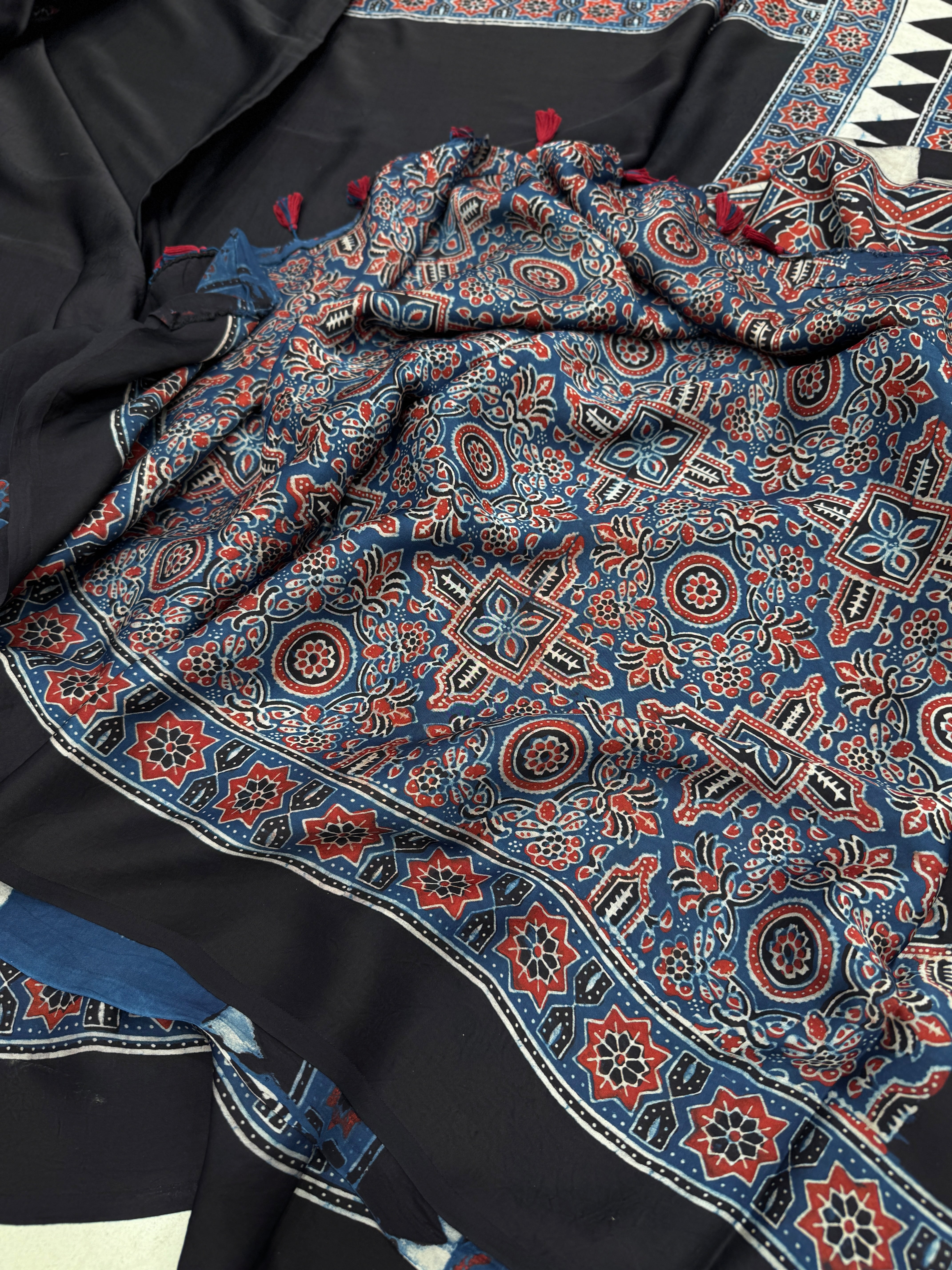 Black Contemporary Pallu Hand Block Print Ajrkah Pure Gajji Silk Saree