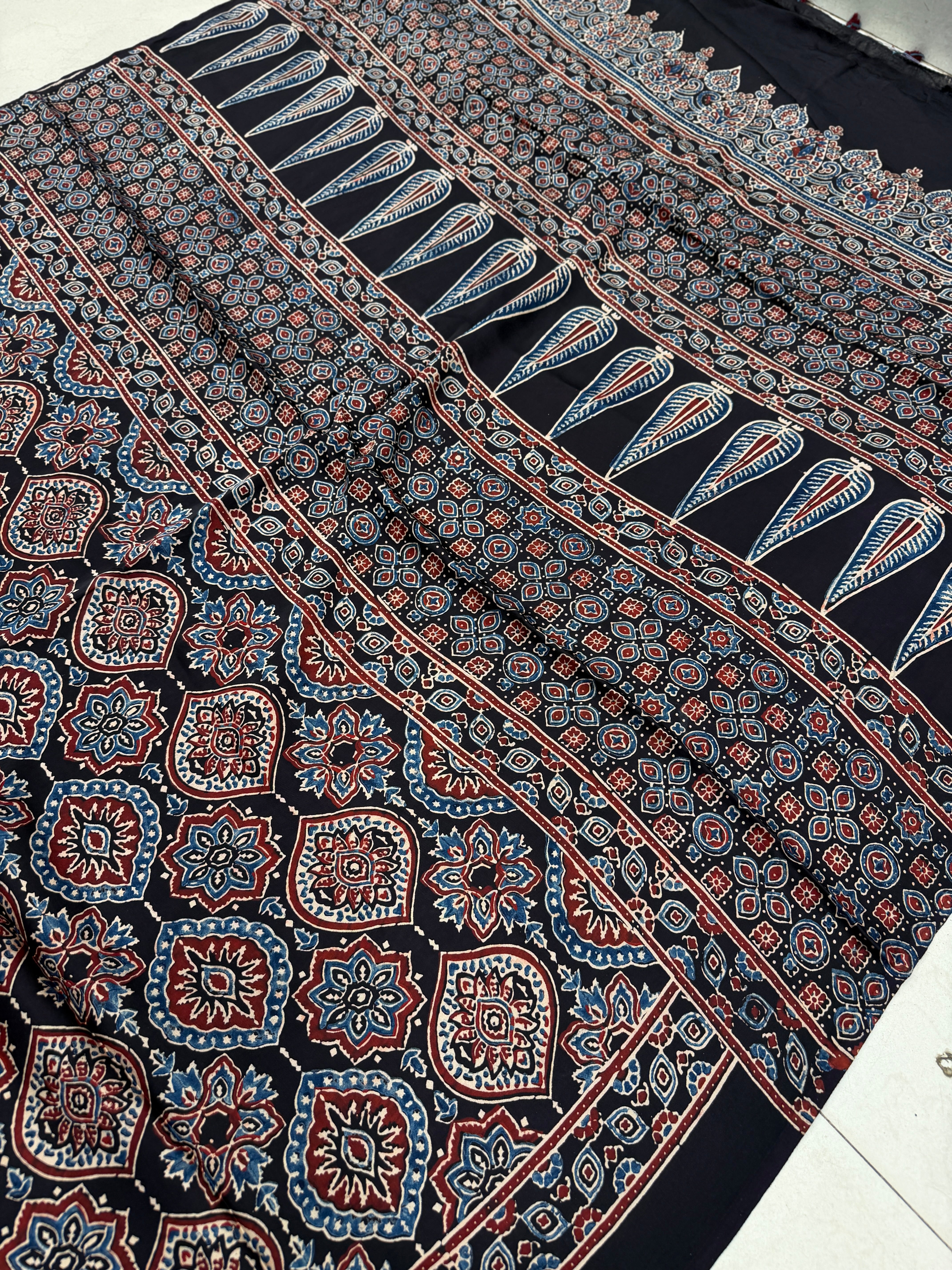 Black Badam Butta Ajrakh Block Print Hand Pure Gajji Silk Saree