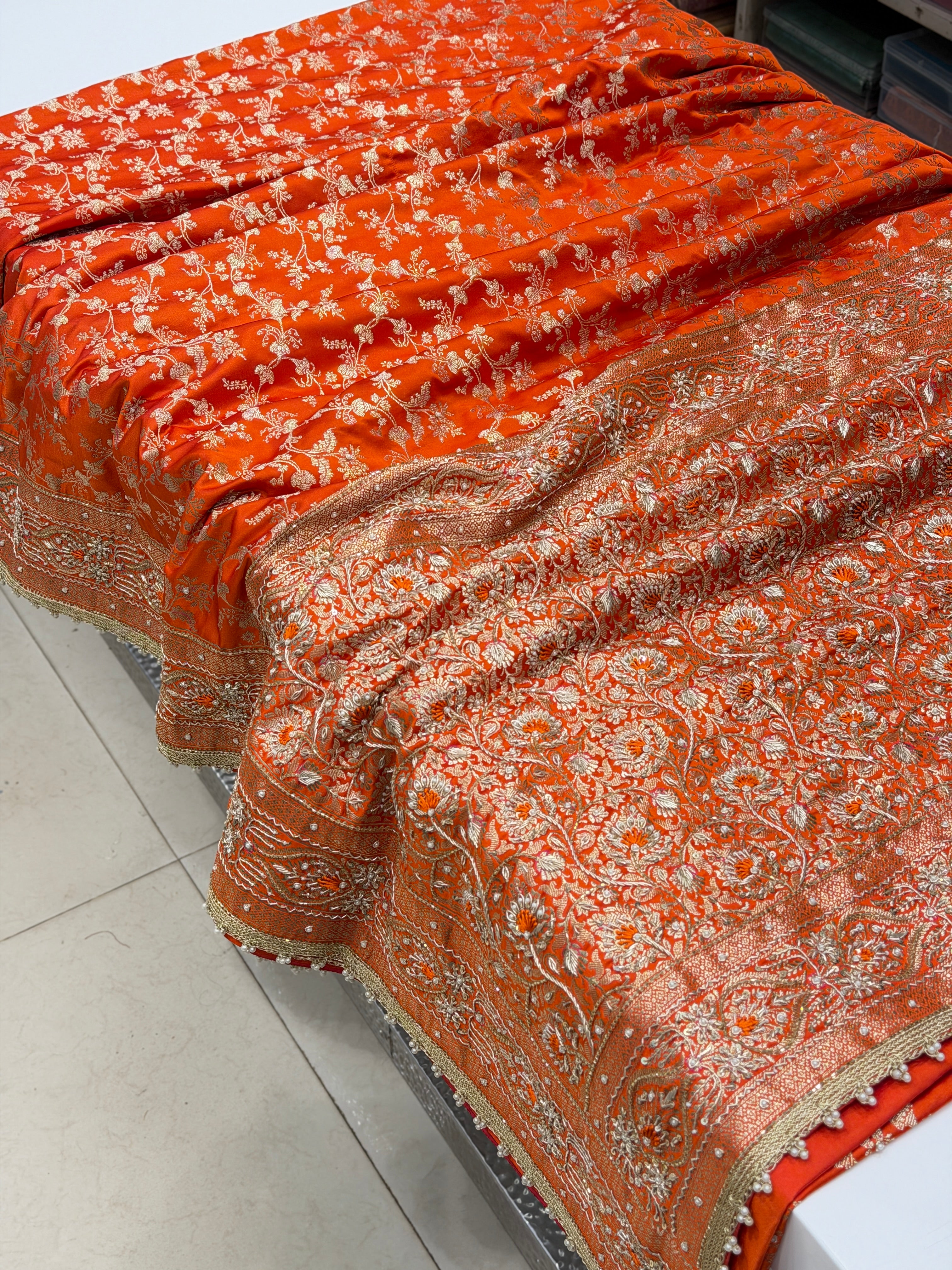Orange Banarasi Bloom Border Resham Zardosi Hand Embroidery Saree