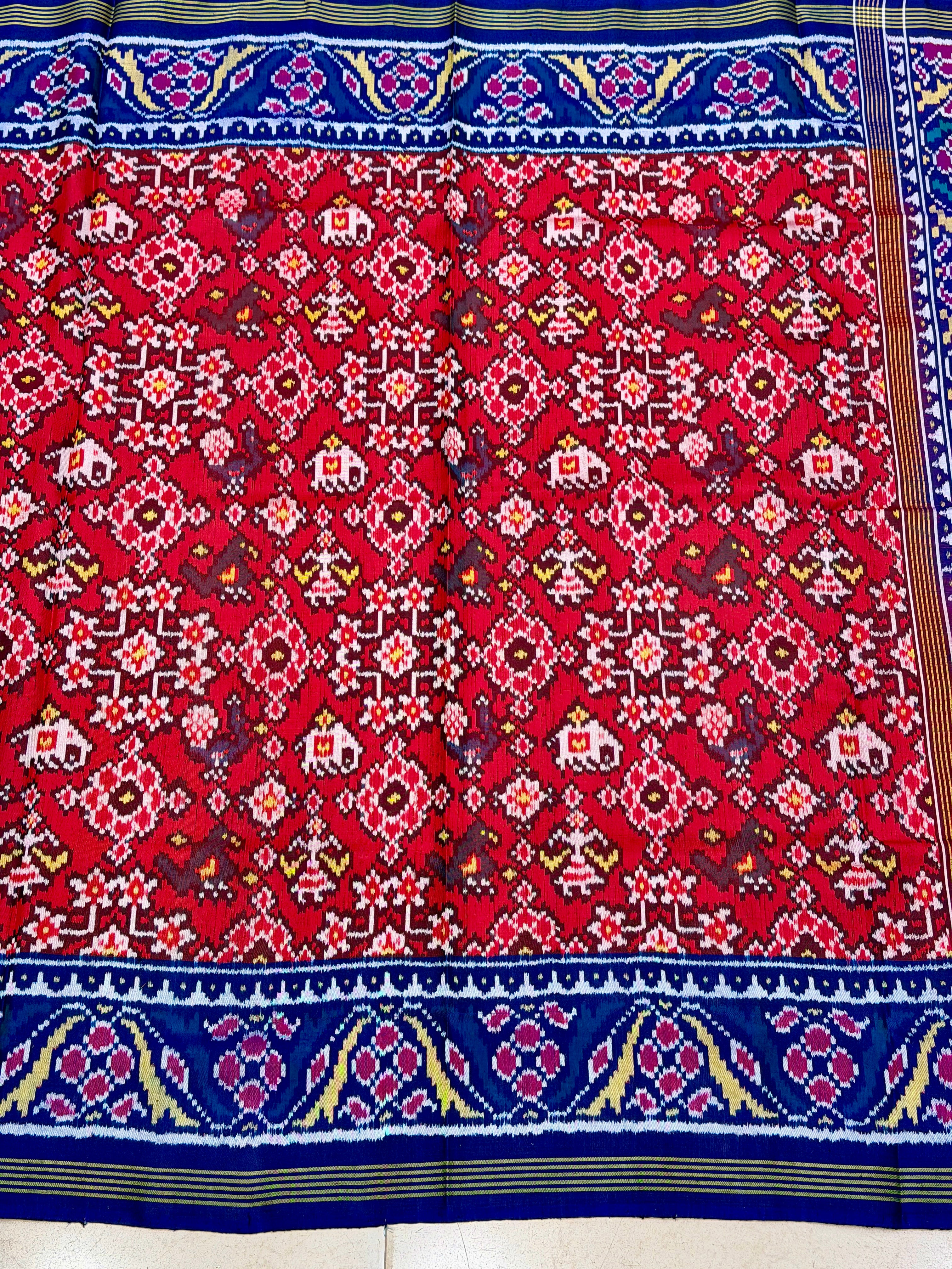 Red Blue Manek Chowk Pure Silk Handloom Patola Saree
