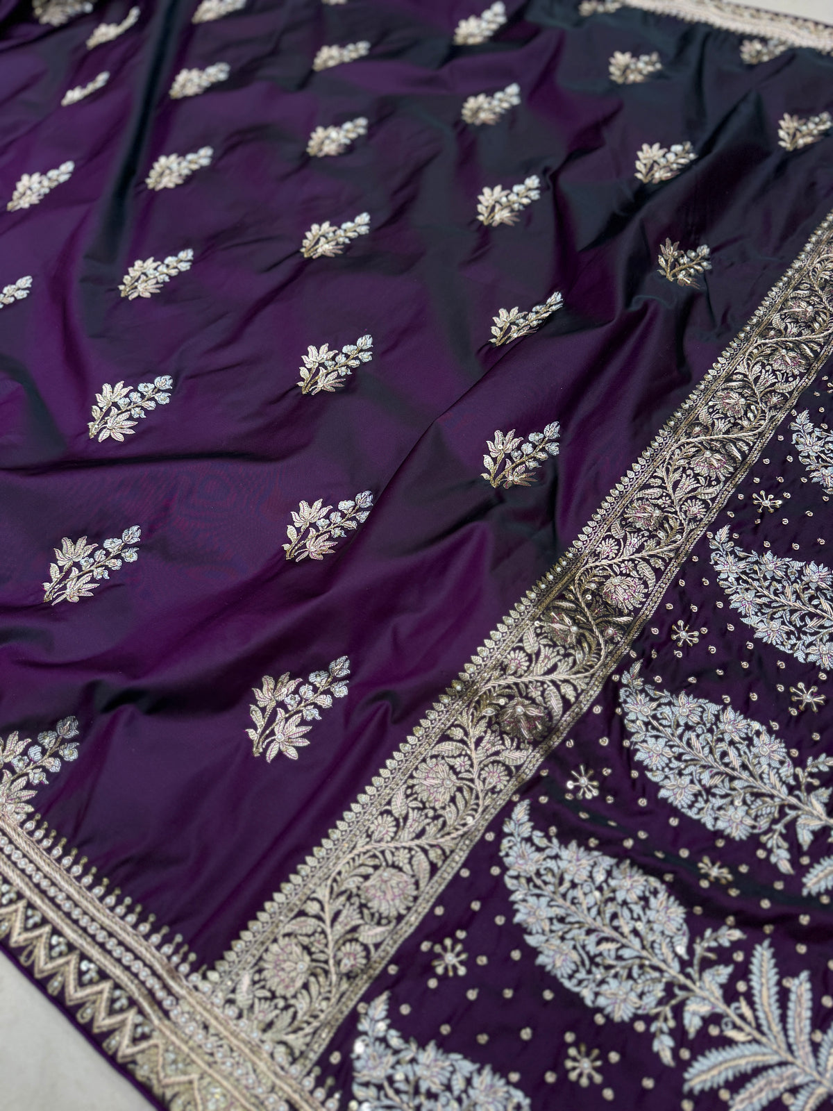 Cross Violet Banarasi Zardosi Hand Embroidery Border Pallu Saree