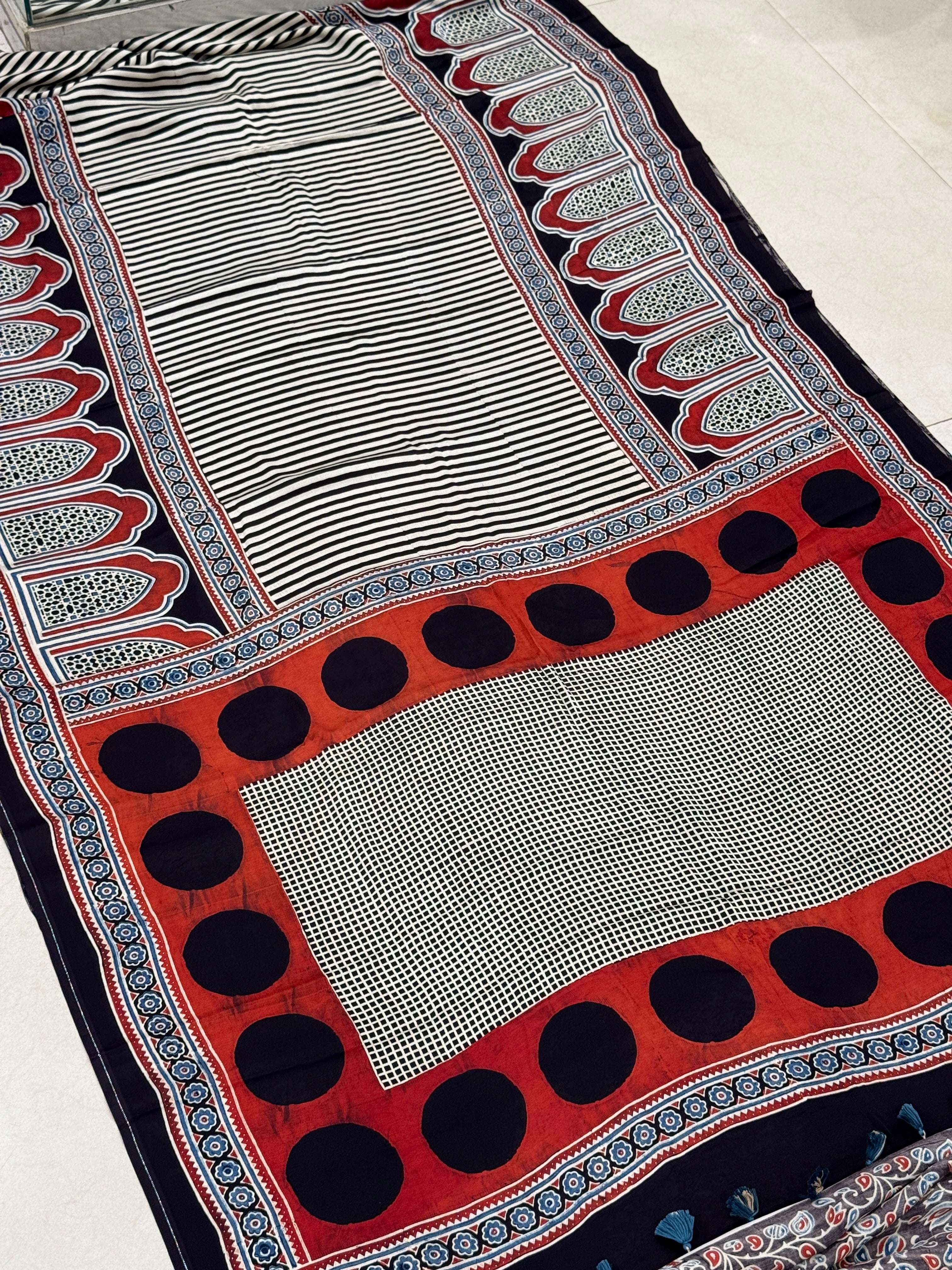 Black and White Contemporary Lines Ajrakh Saree