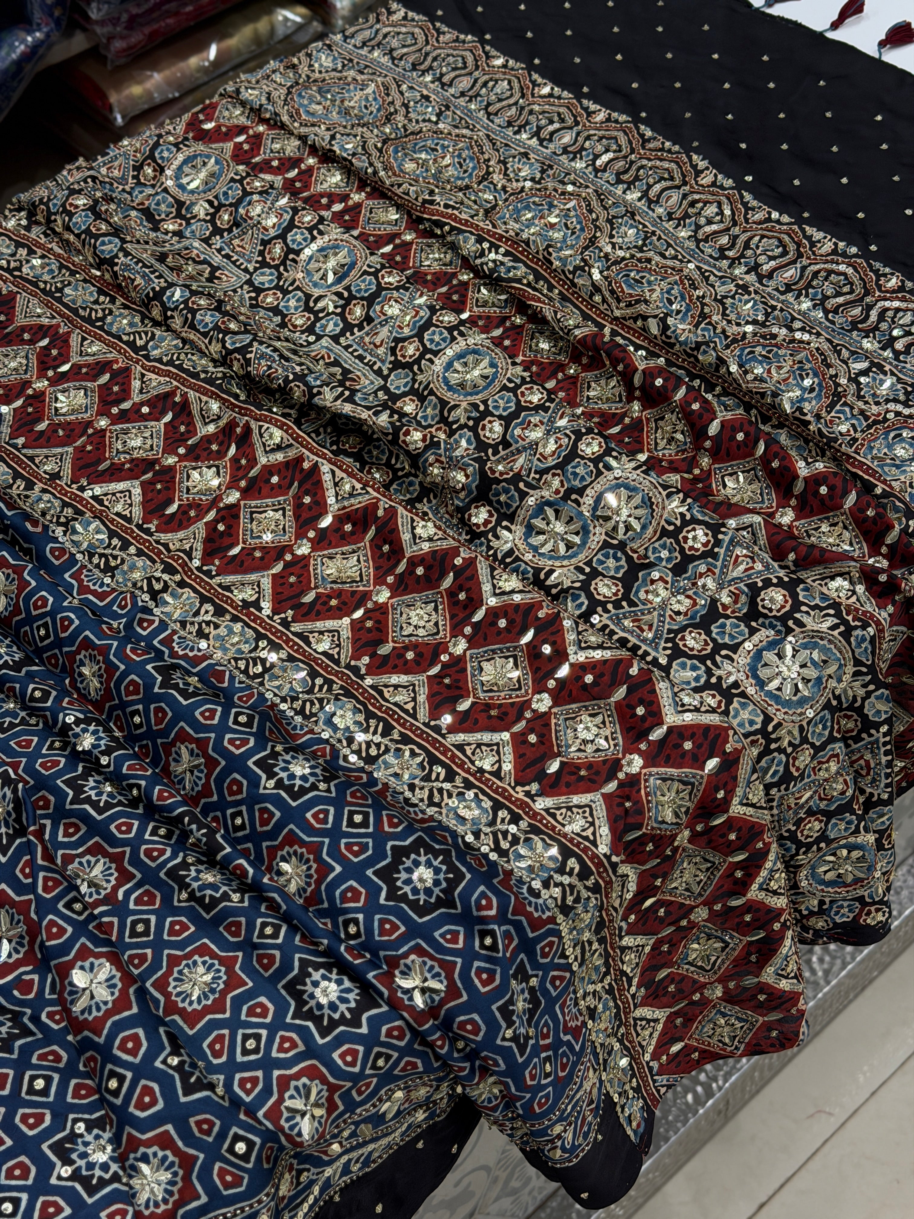 Blue Four Square Moti Sequin Ajrakh Hand Embroidery Saree