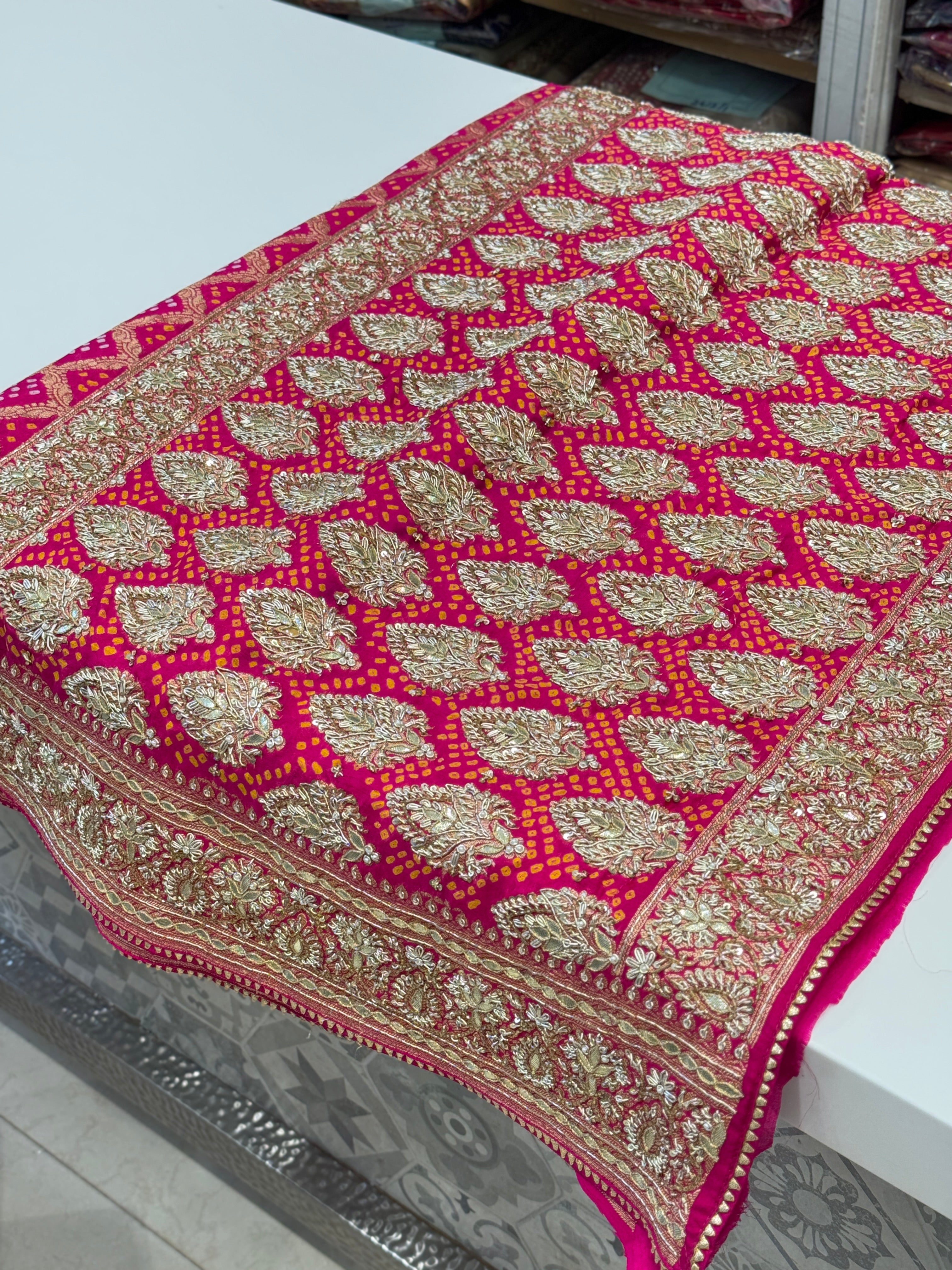 Rani Bandhej Zardosi Embroidery Saree