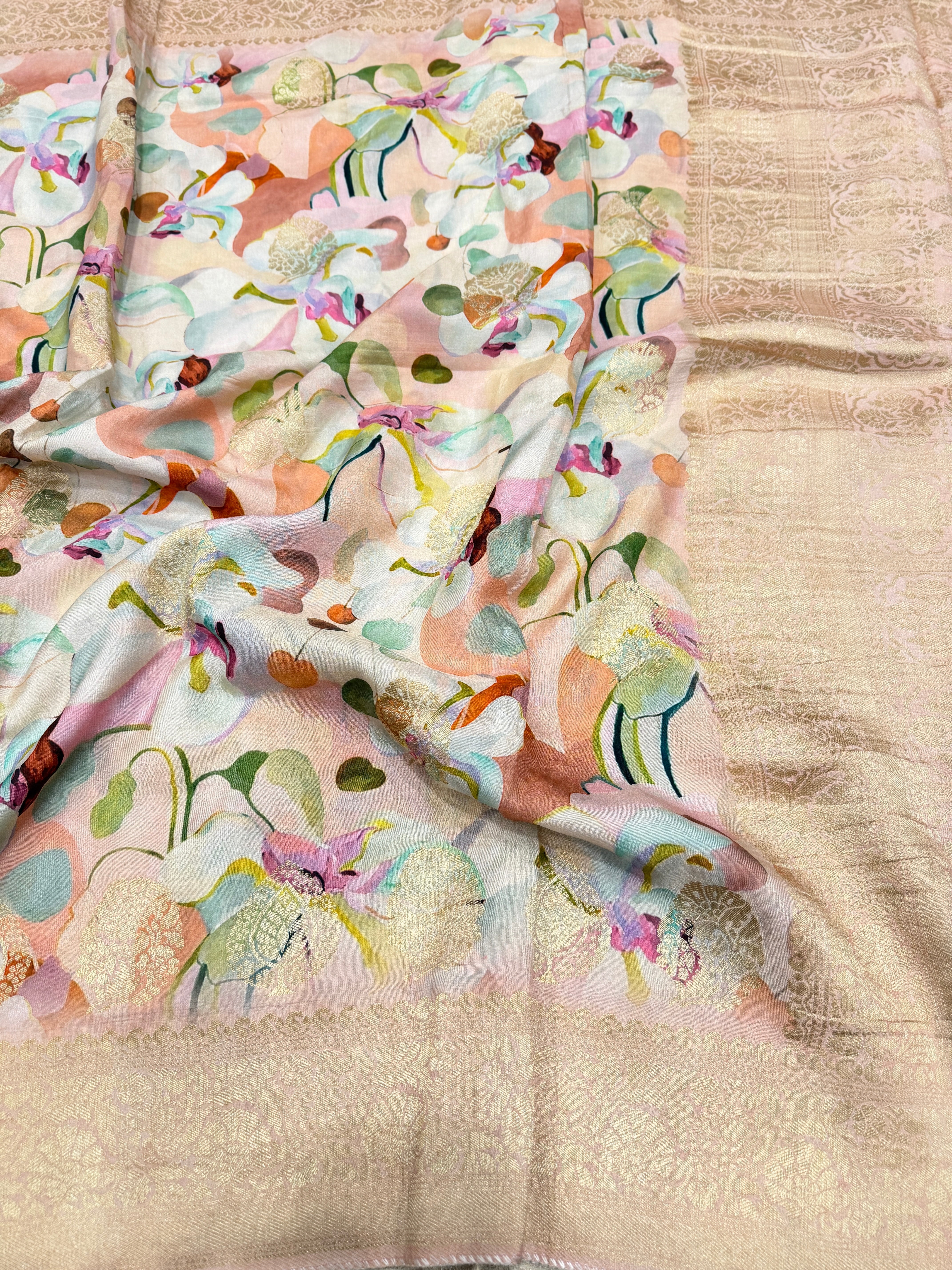 Pink Floral Multi Colour Print Munga Soft Silk Saree