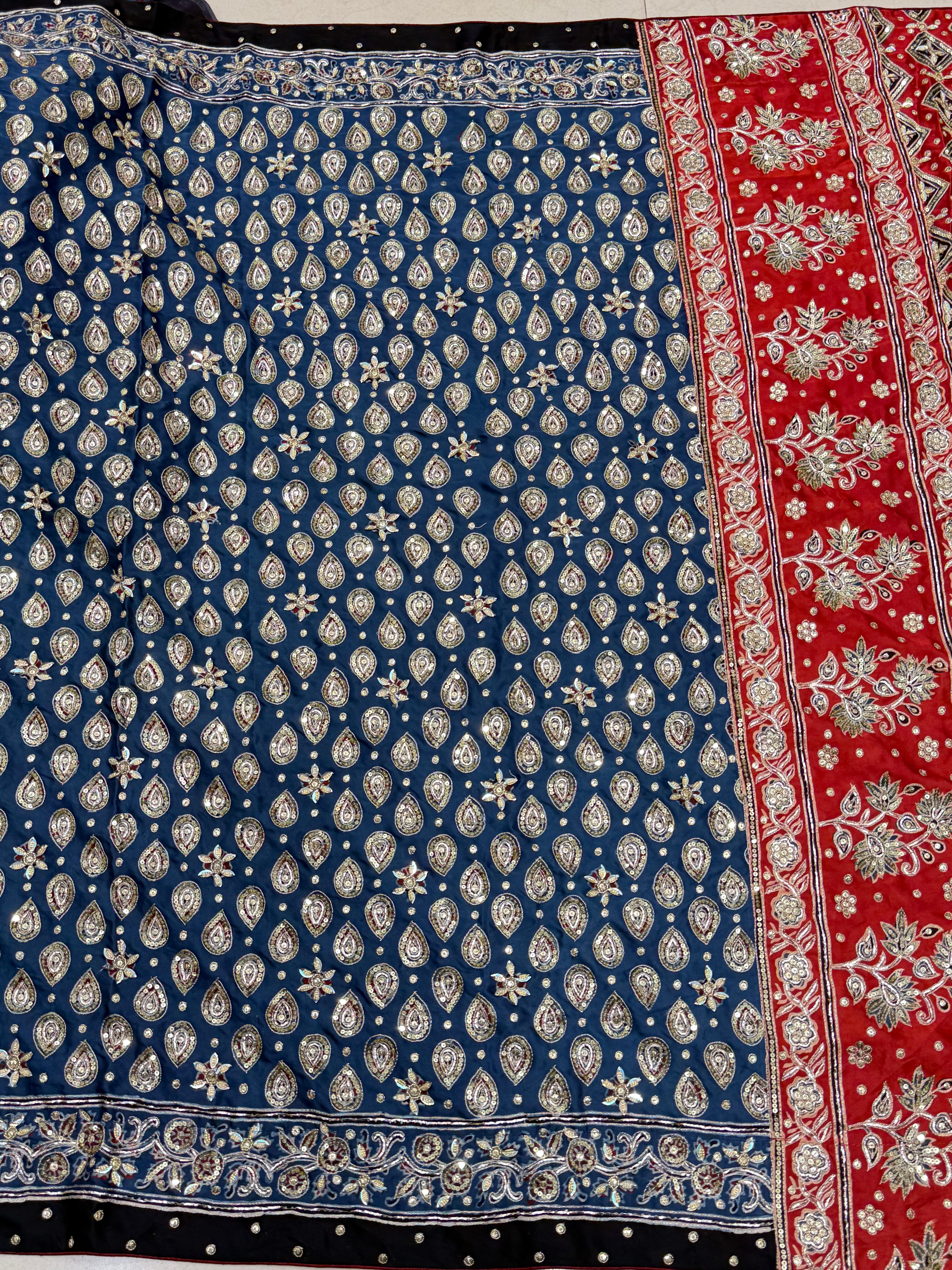 Blue Red Floral Buttis Ajrakh Hand Embroidery Saree