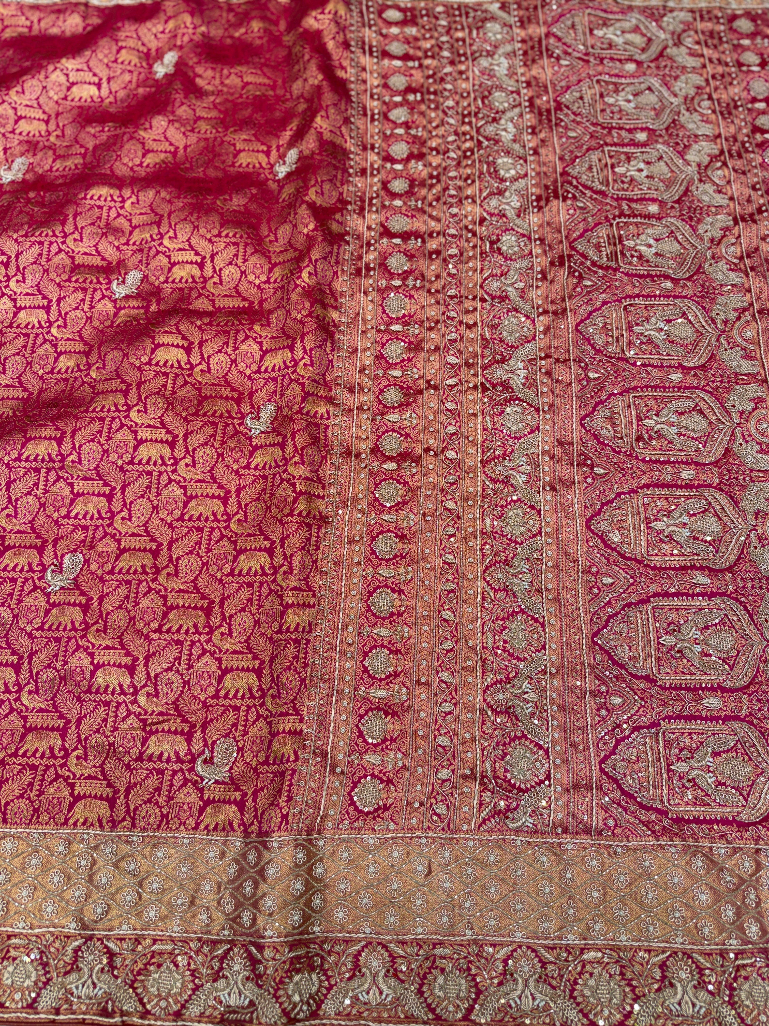 Rani Pink Kanjivaram Peacock Motifs Zardosi Hand Embroidery Saree
