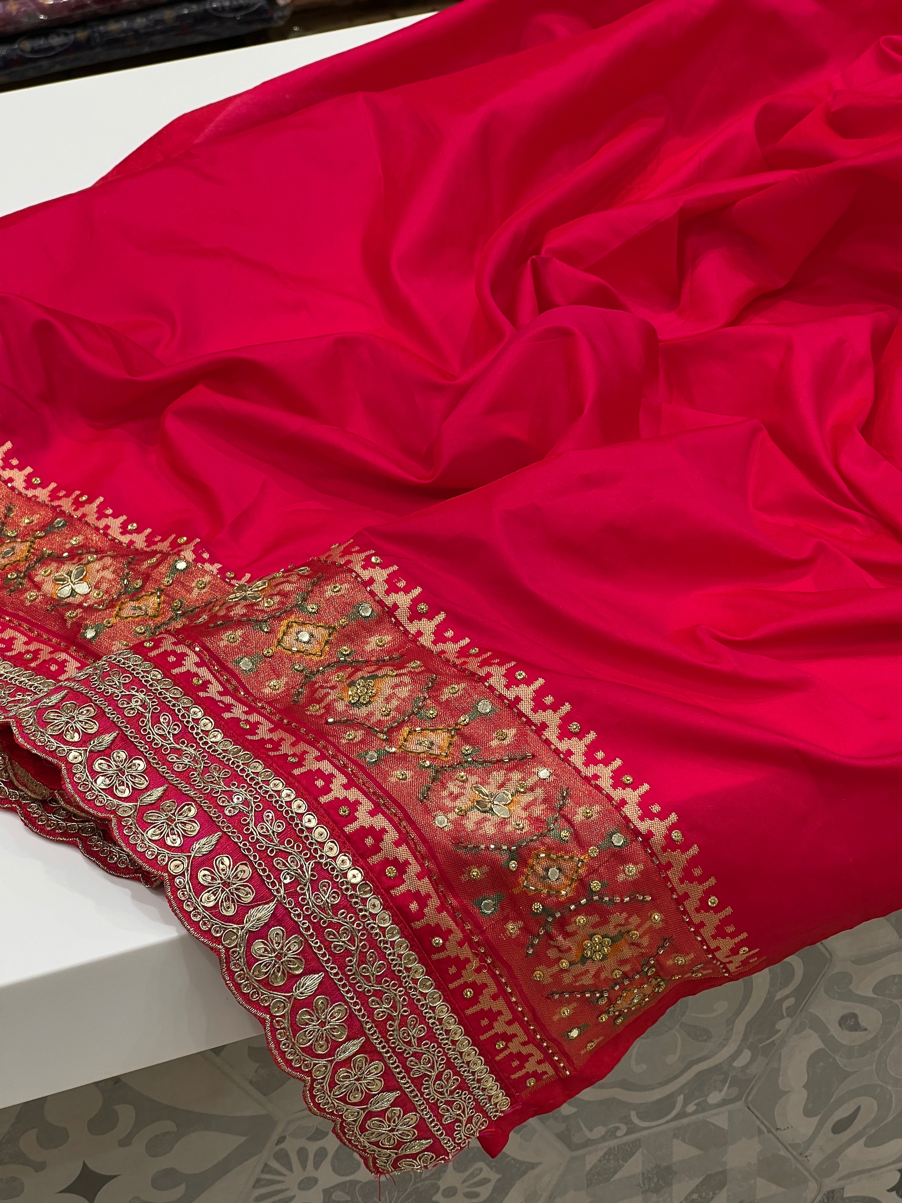 Pinkish Red Patola Hand Embroidery Saree