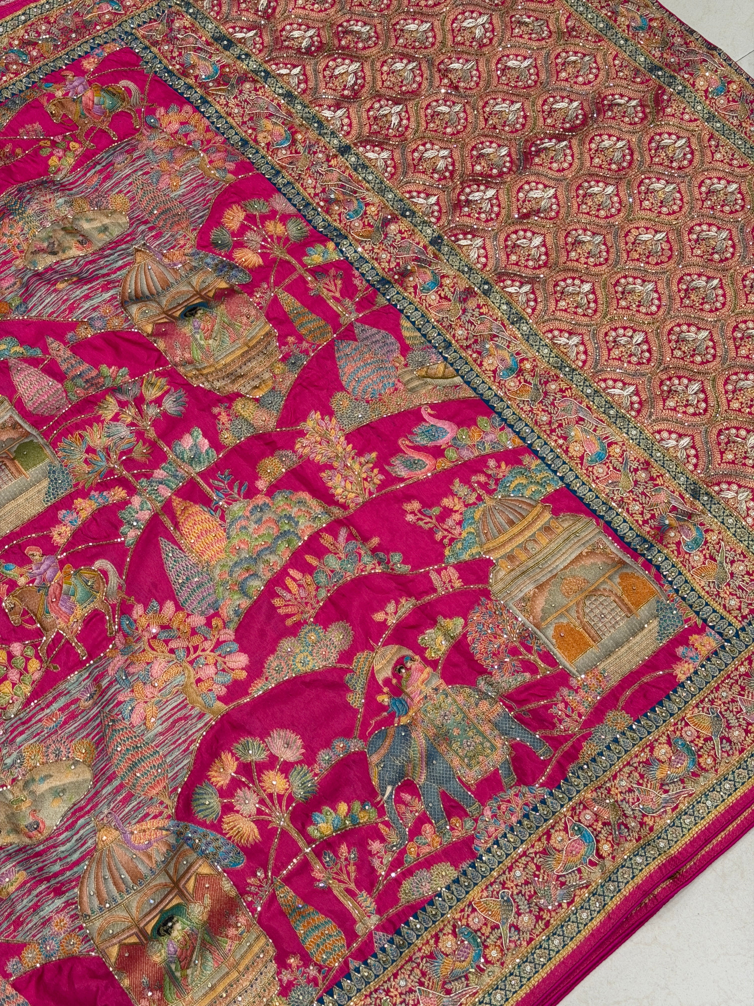 Rani Forest Darbar Pashmina Style Weave Hand Embroidery Saree