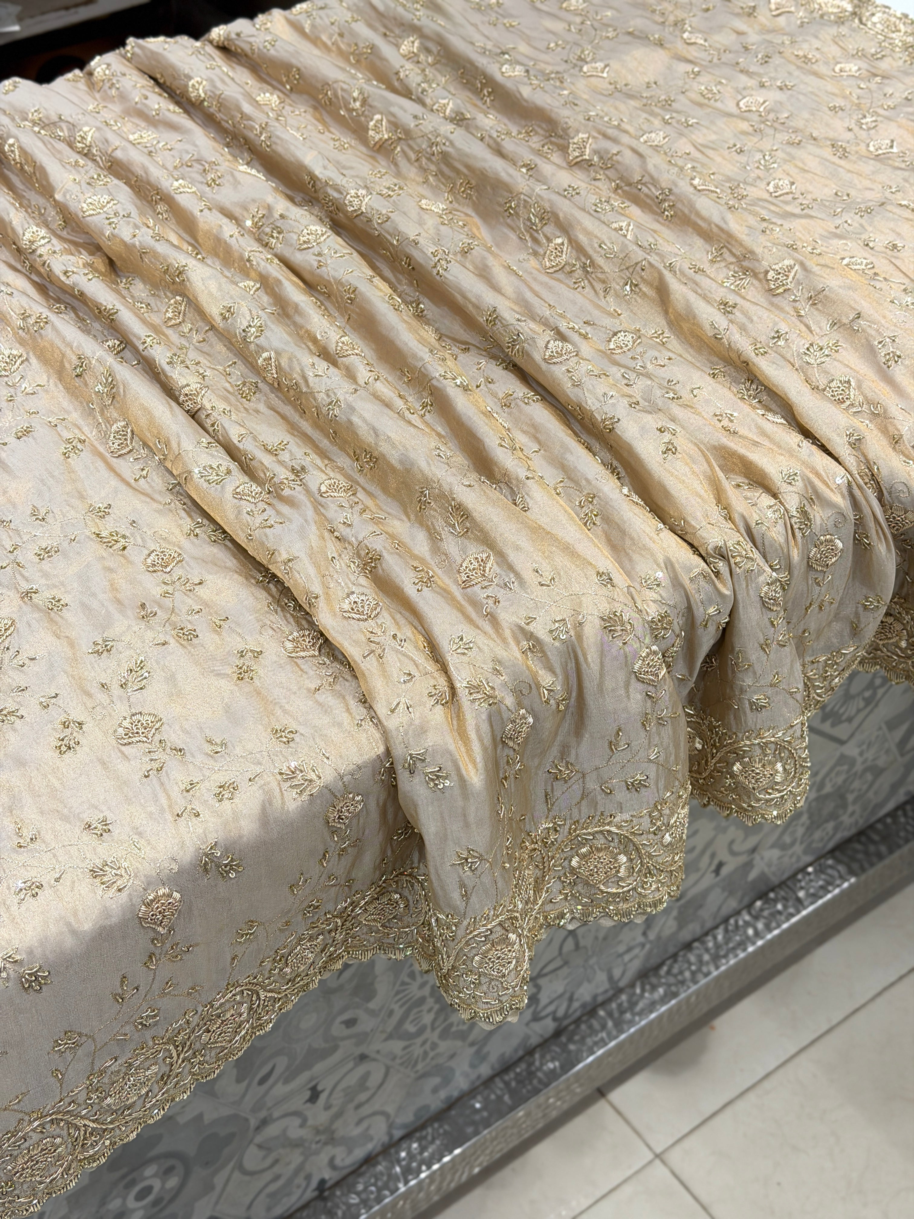 Ivory Tissue Zardosi Floral Jaal Hand Embroidery Saree