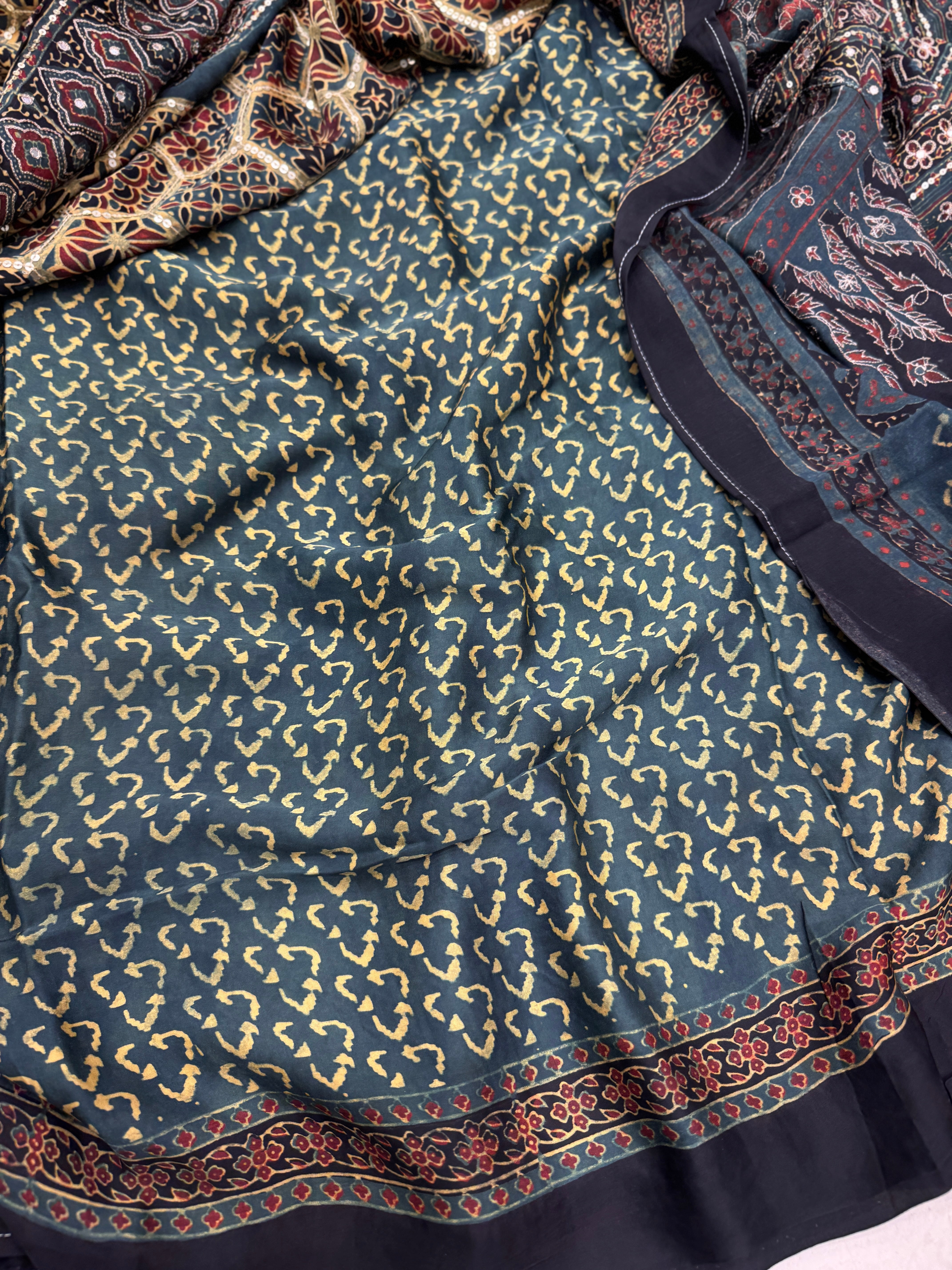 Mustard Rama Jaal Abstract Pita Sequin Ajrakh Hand Embroidery Saree