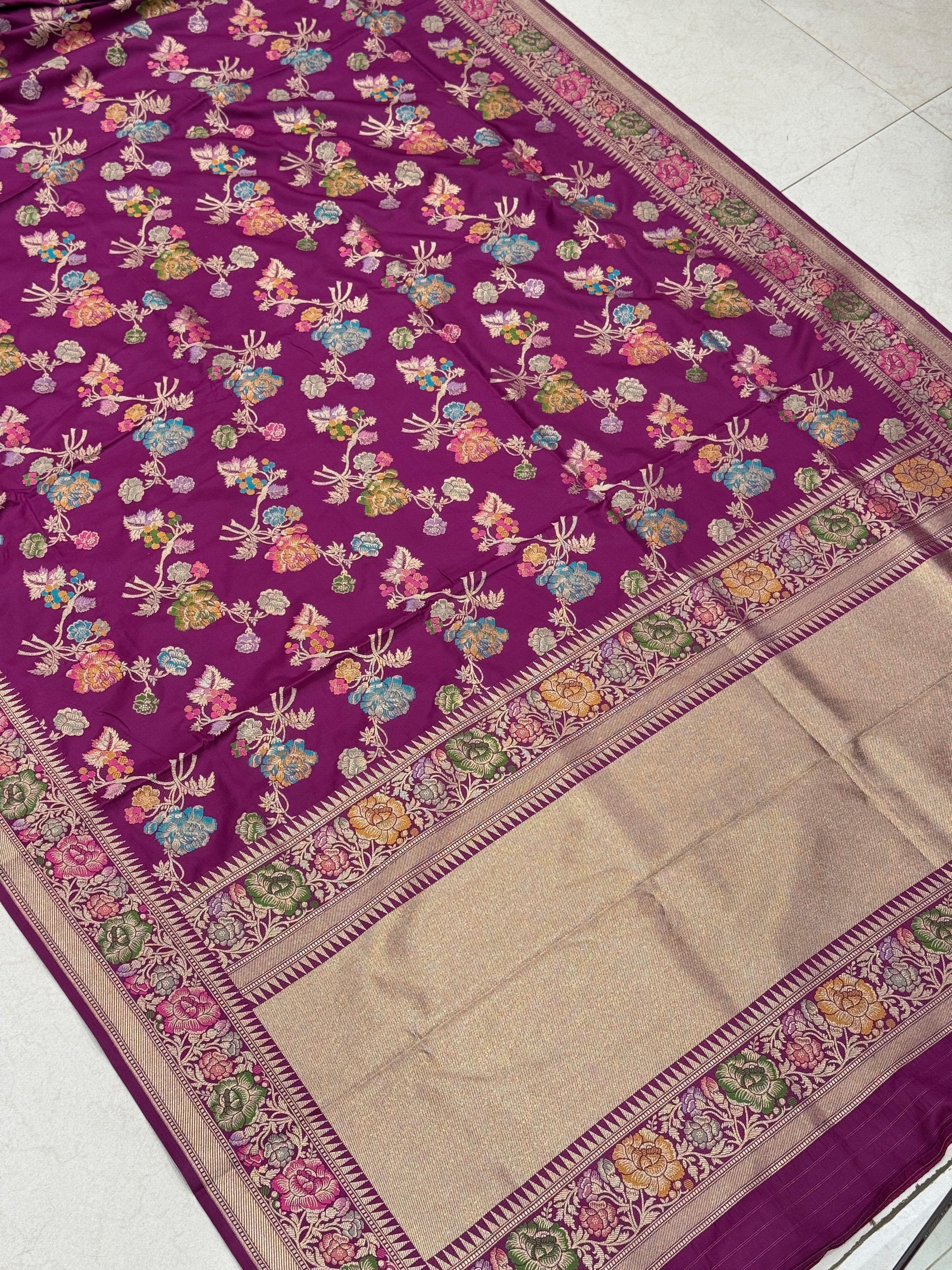 Violet Meenkari Flowers Banarasi Silk Saree