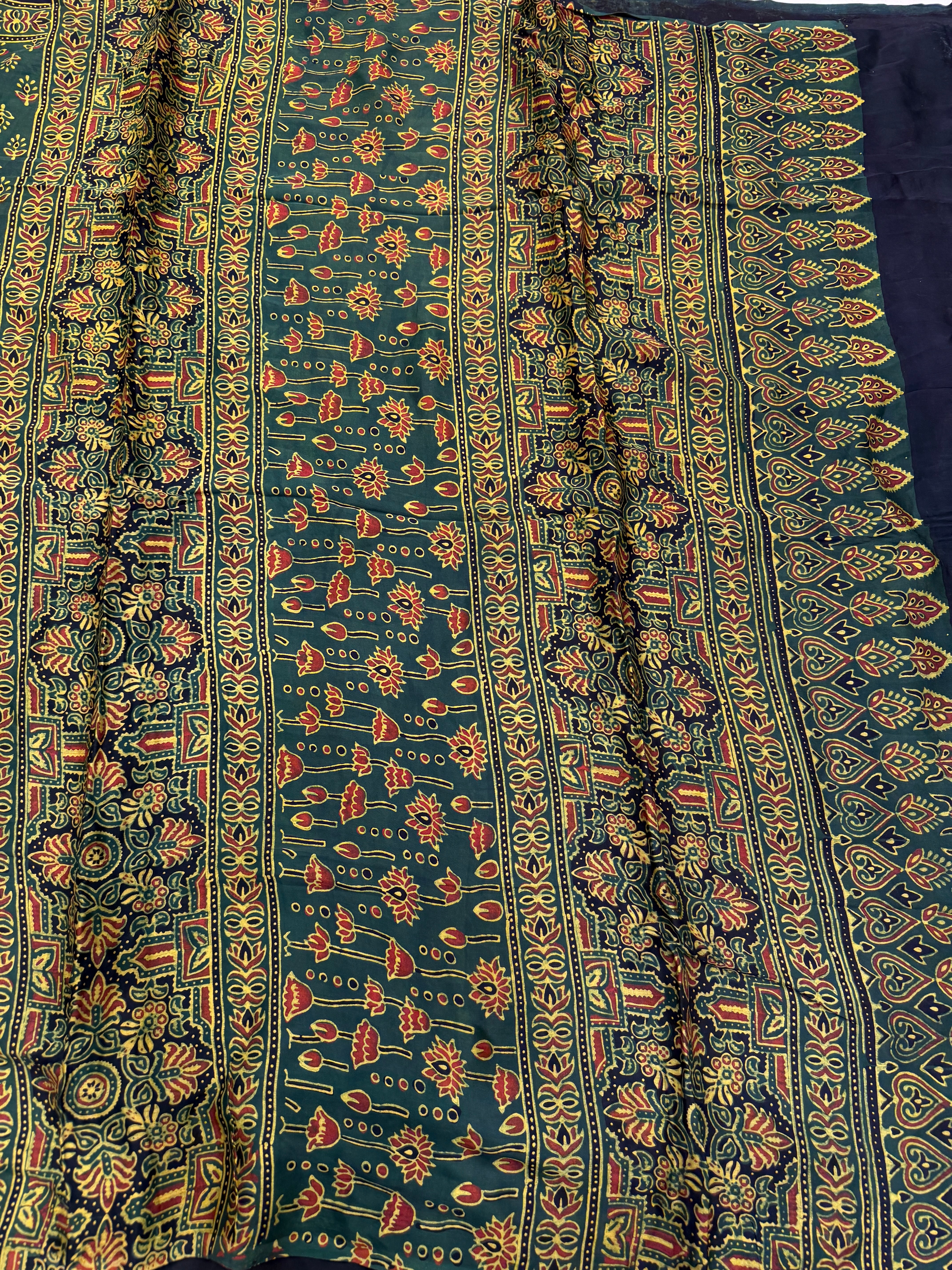 Bottle Green Buttis Ajrakh Hand Block Print Pure Gajji Silk Saree