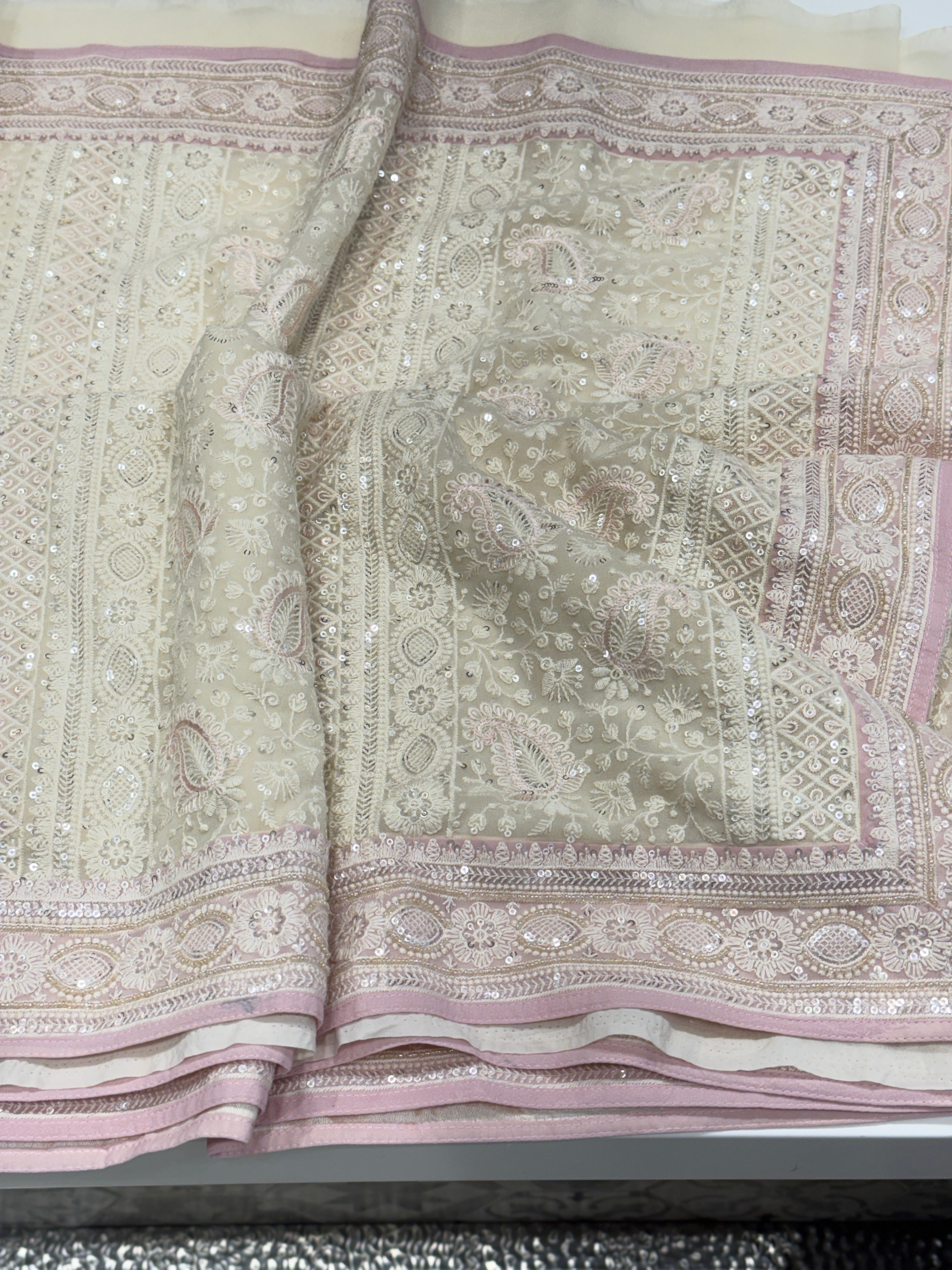 White Pink Chikankari Saree Floral Design with Moti Embroidery