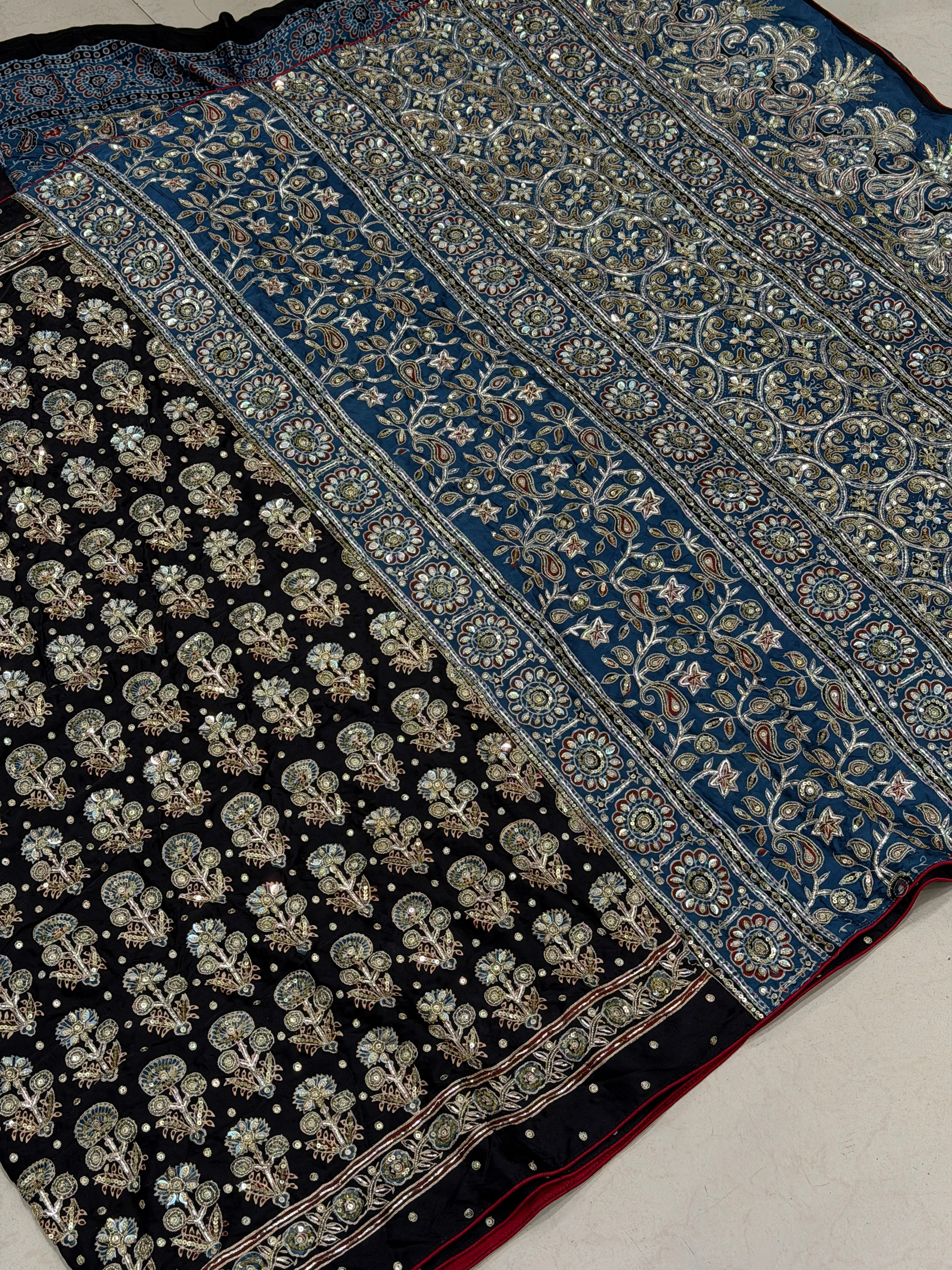 Black Blue Floral Butta Pita Sequin Ajrakh Hand Embroidery Saree