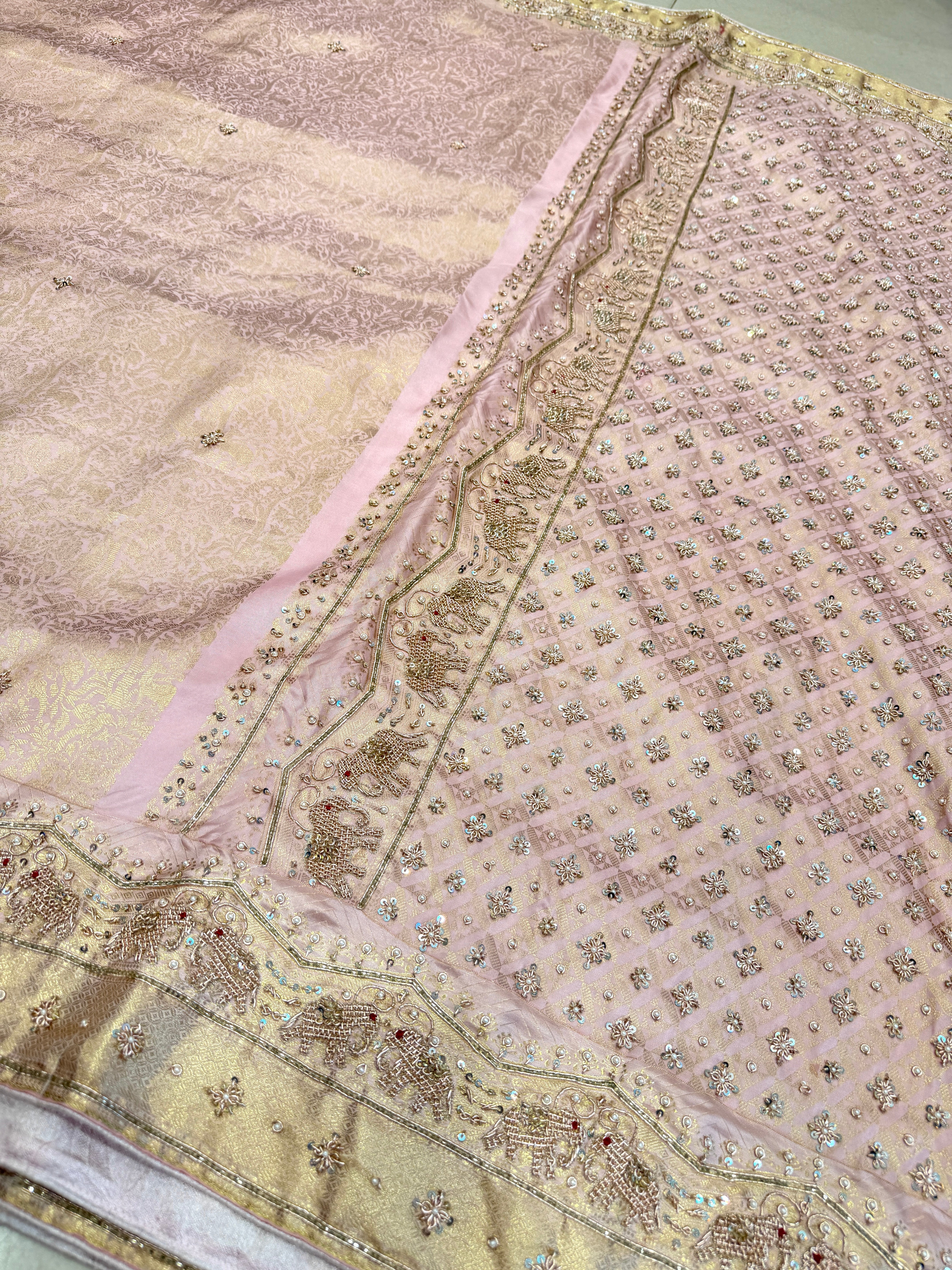 Light Pink Kanjivaram Elephant Motif Jaal Zardozi Hand Embroidery Saree