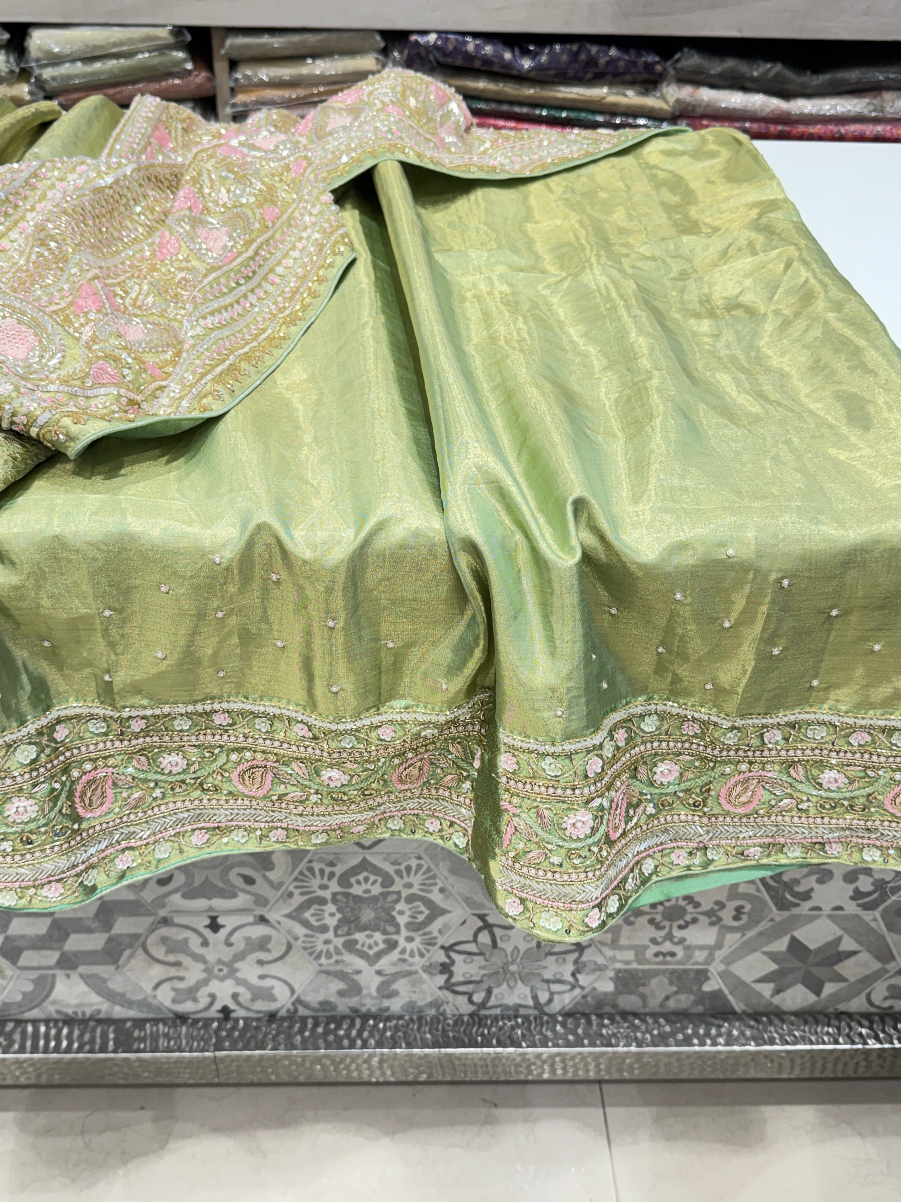 Pista Green Tissue Kanjivaram Hand Embroidery Saree