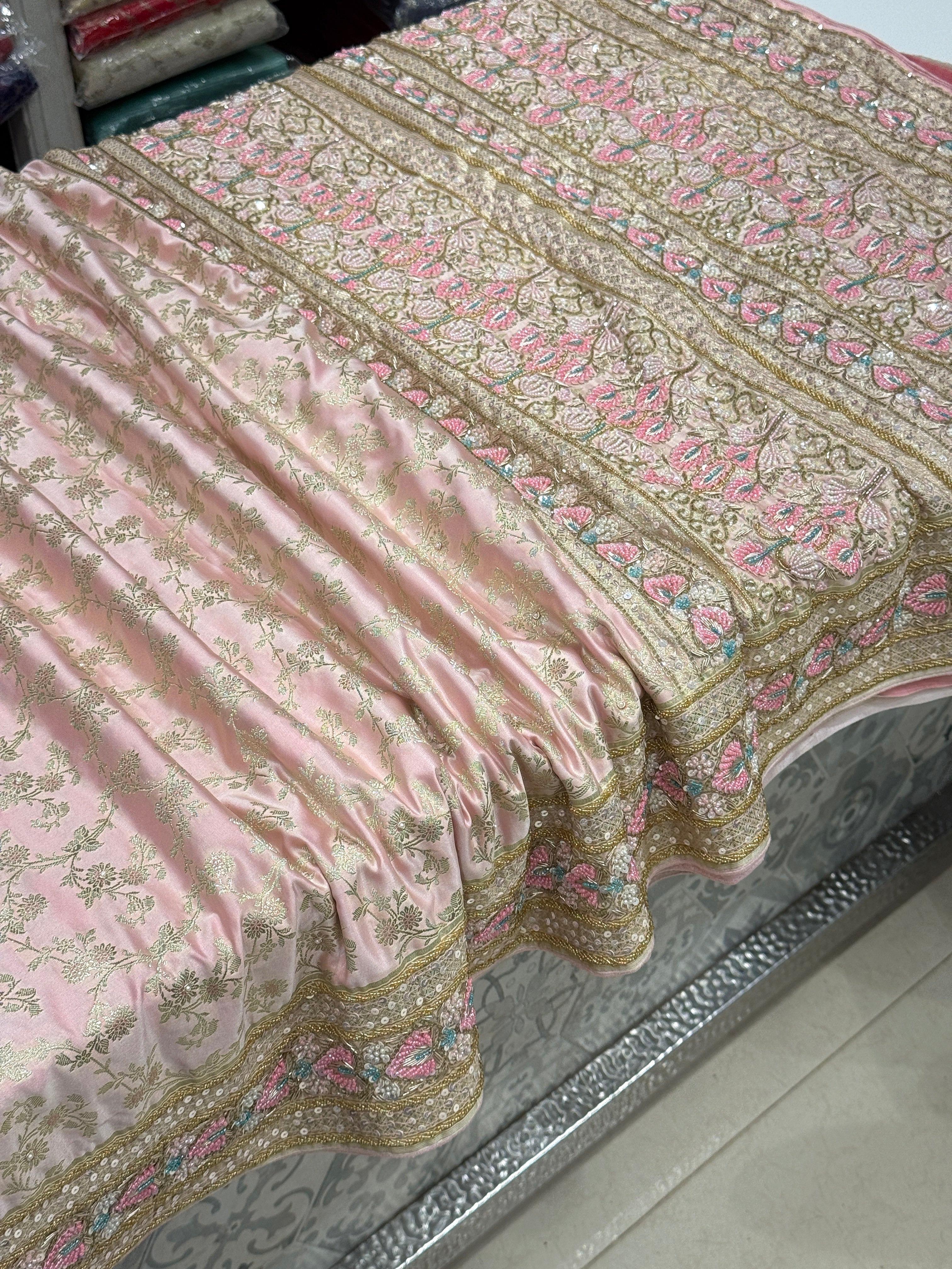 Pink Banarasi Silk Heart Border Fancy Hand Embroidery Saree