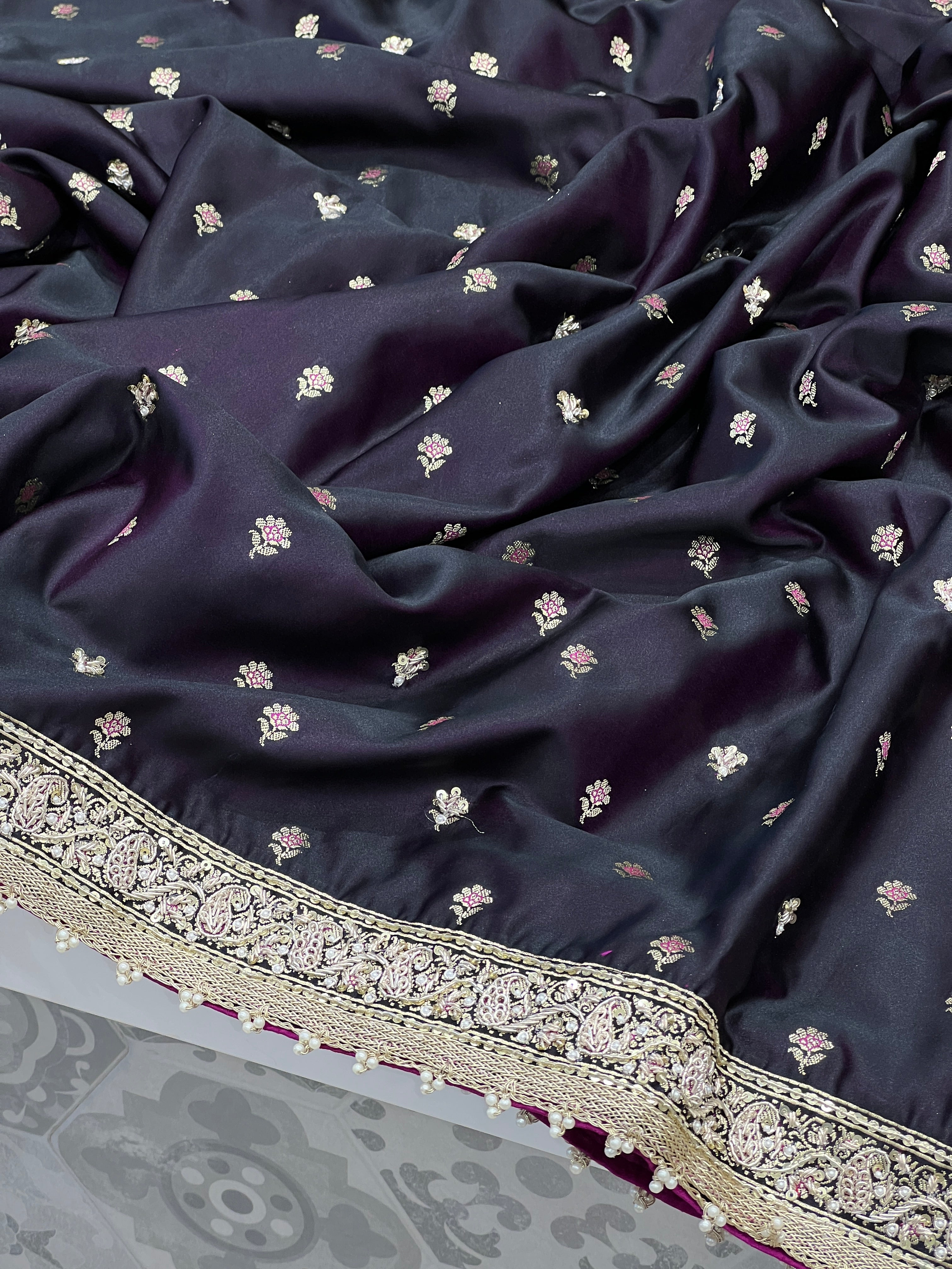 Violet Dhup Chav Banarasi Silk Hand Embroidery Saree