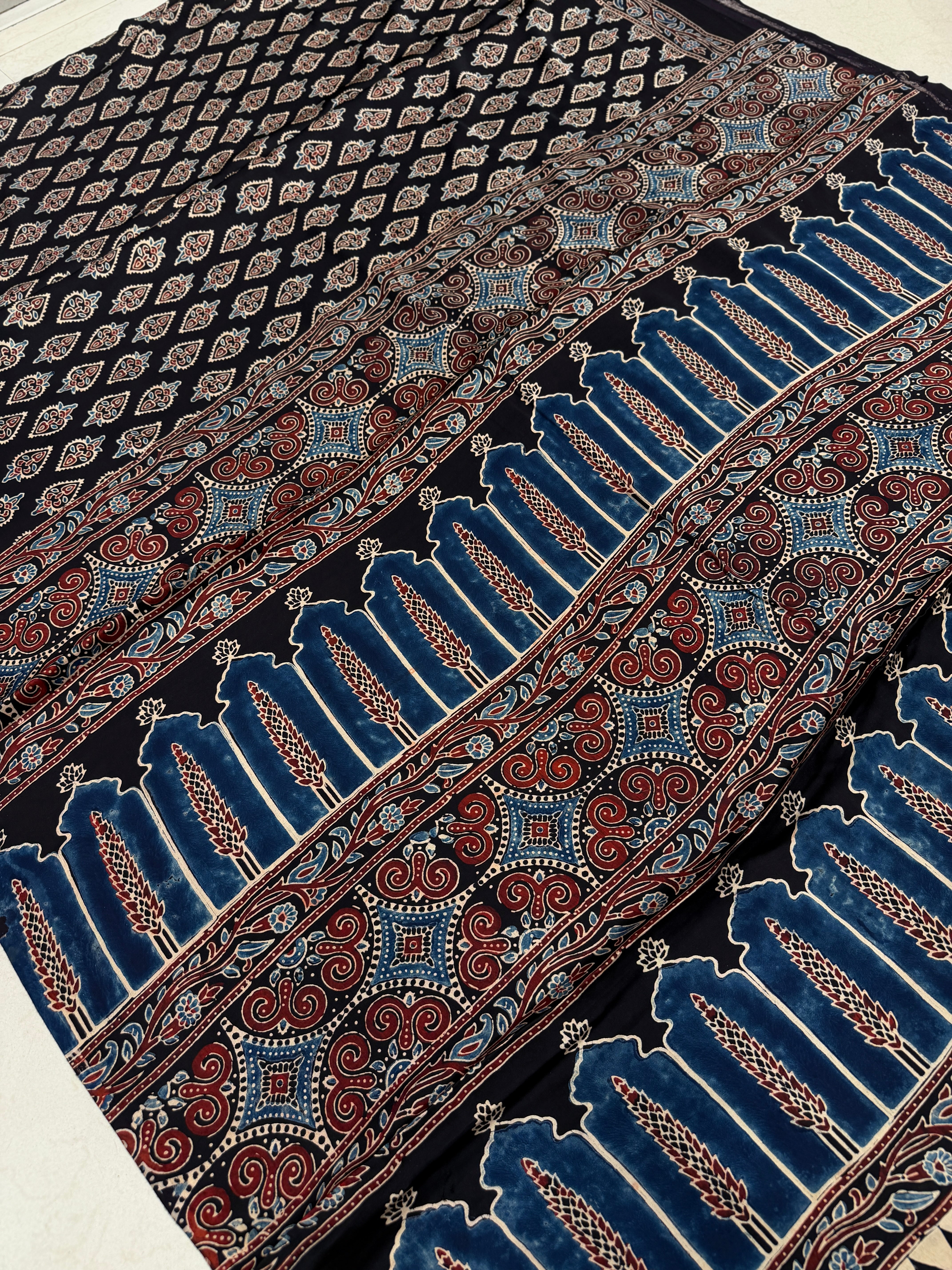 Black Keri Butta Ajrakh Block Print Hand Pure Gajji Silk Saree