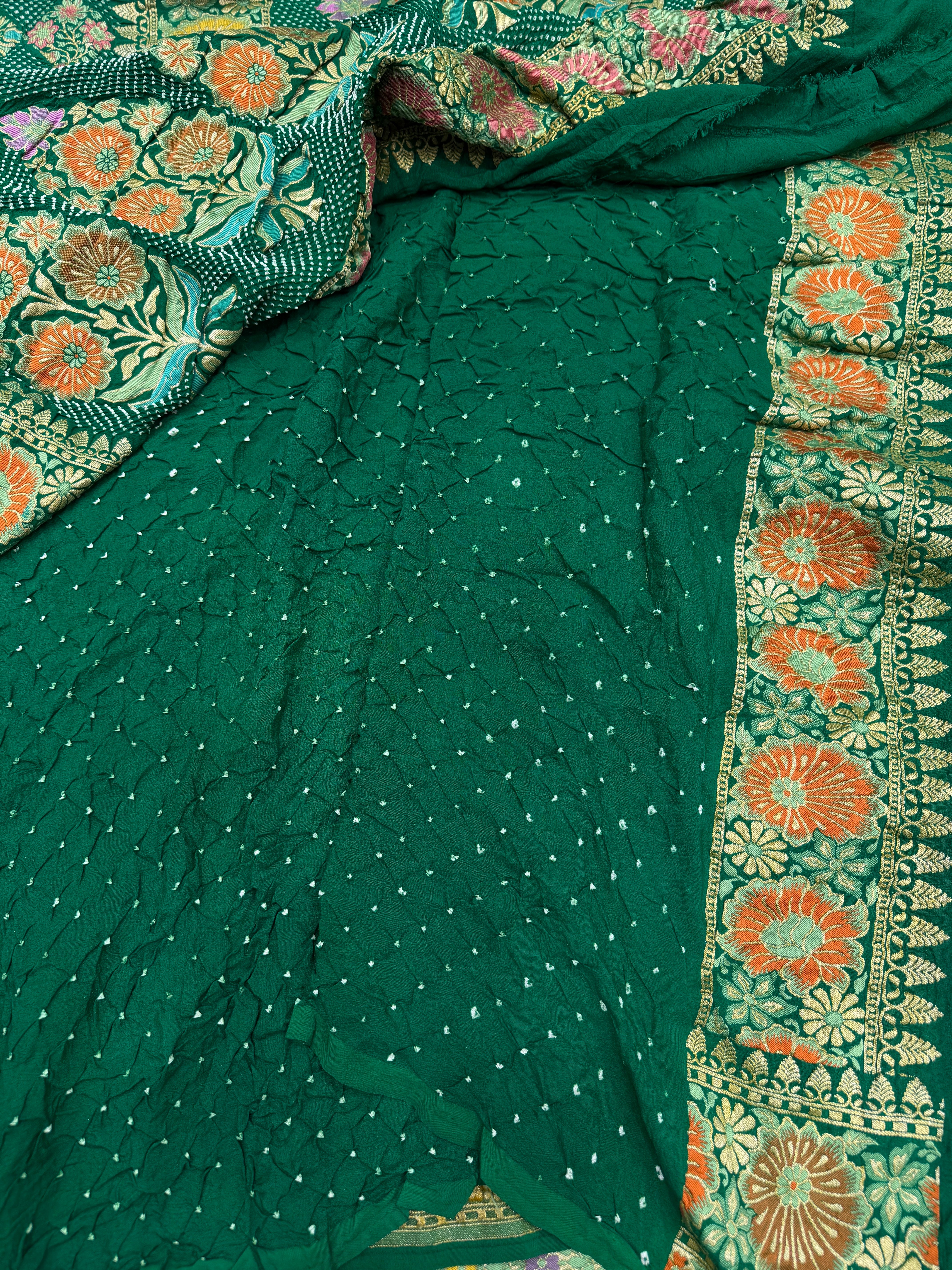 Bottle Green Meenakari Rai Bandhej Floral Butta Saree