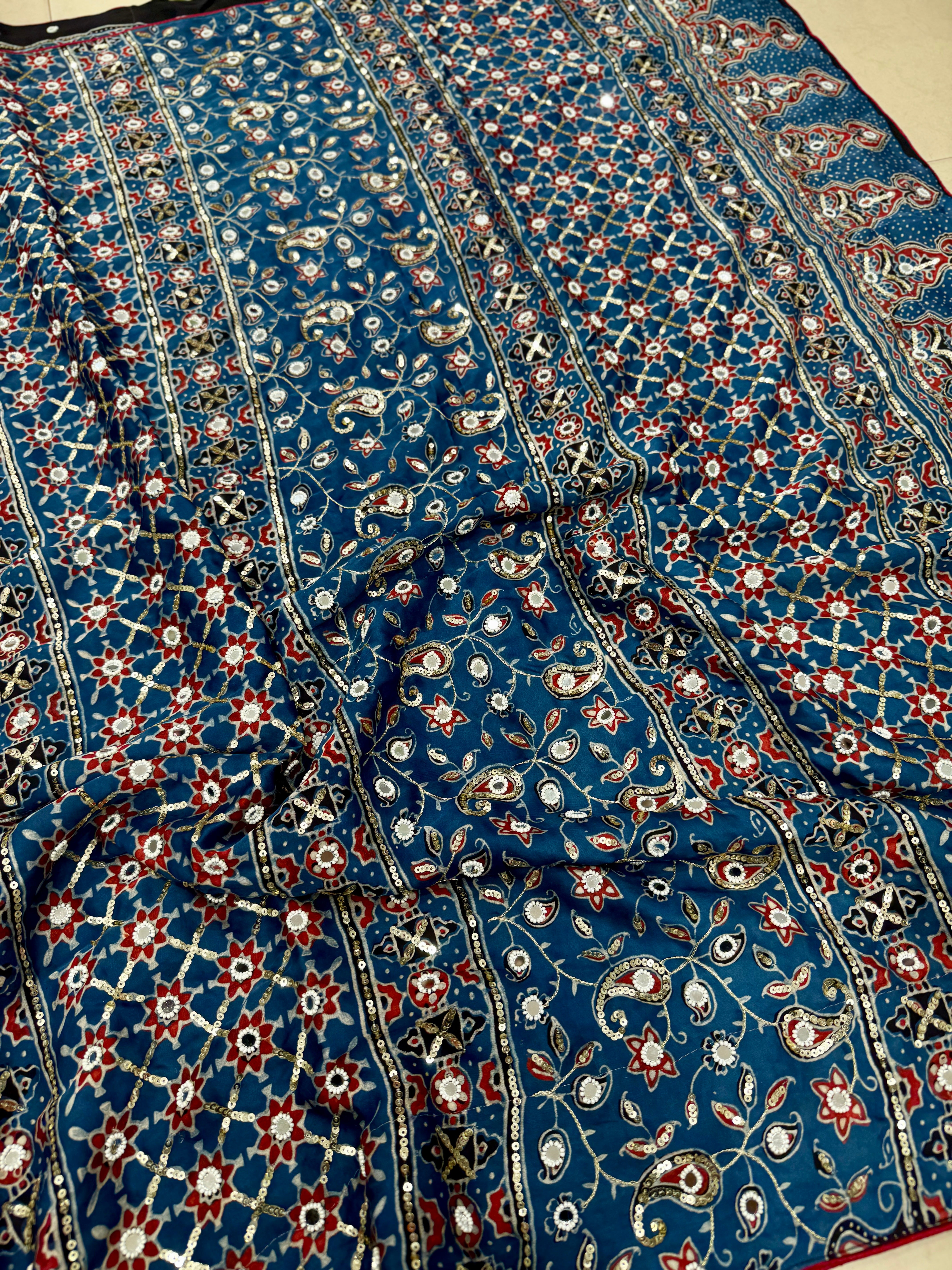Blue Badam Butta Ajrakh Sequin Mirror Moti Hand Embroidery Saree