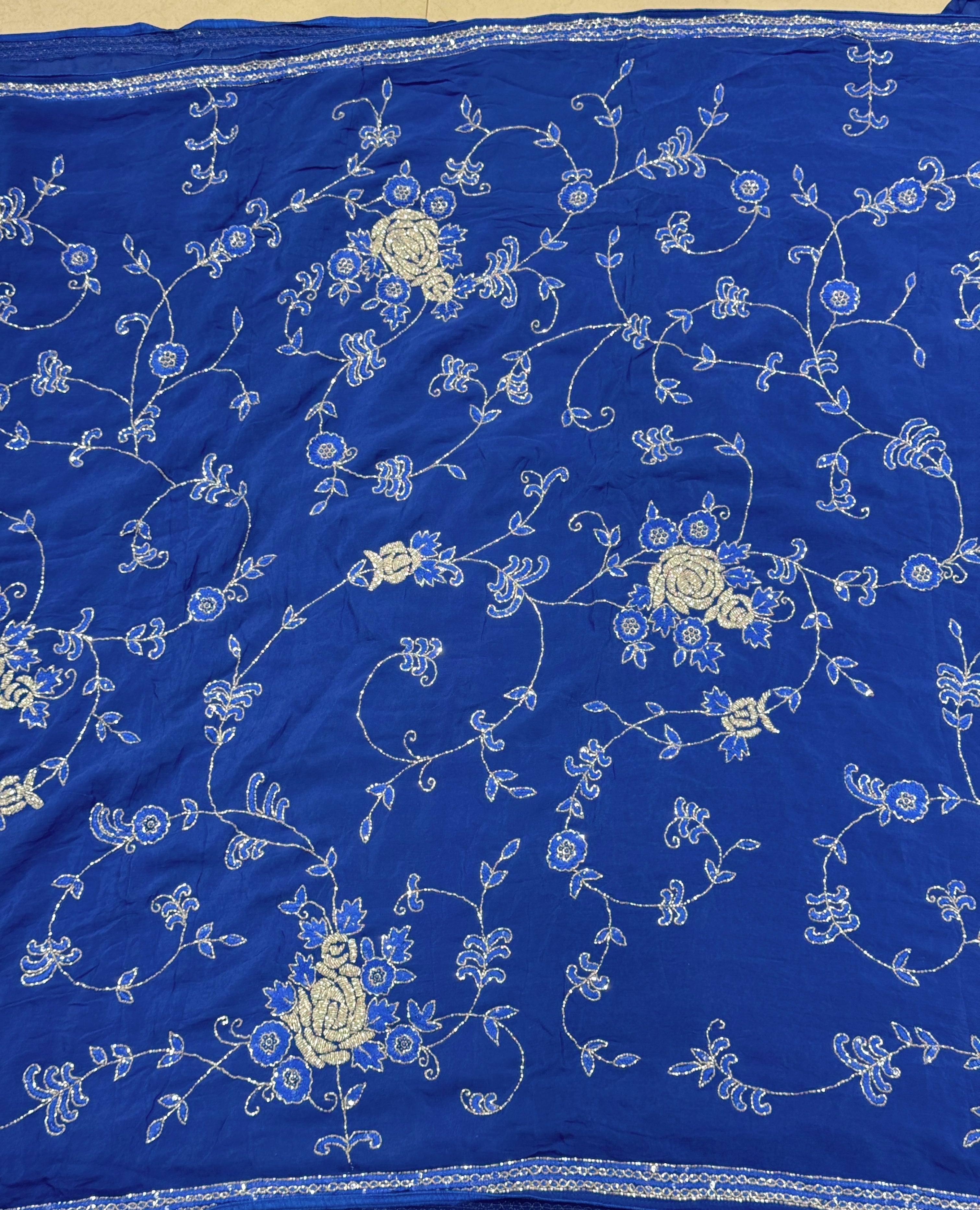 Blue on Blue Georgette Hand Embroidery Jaal Saree