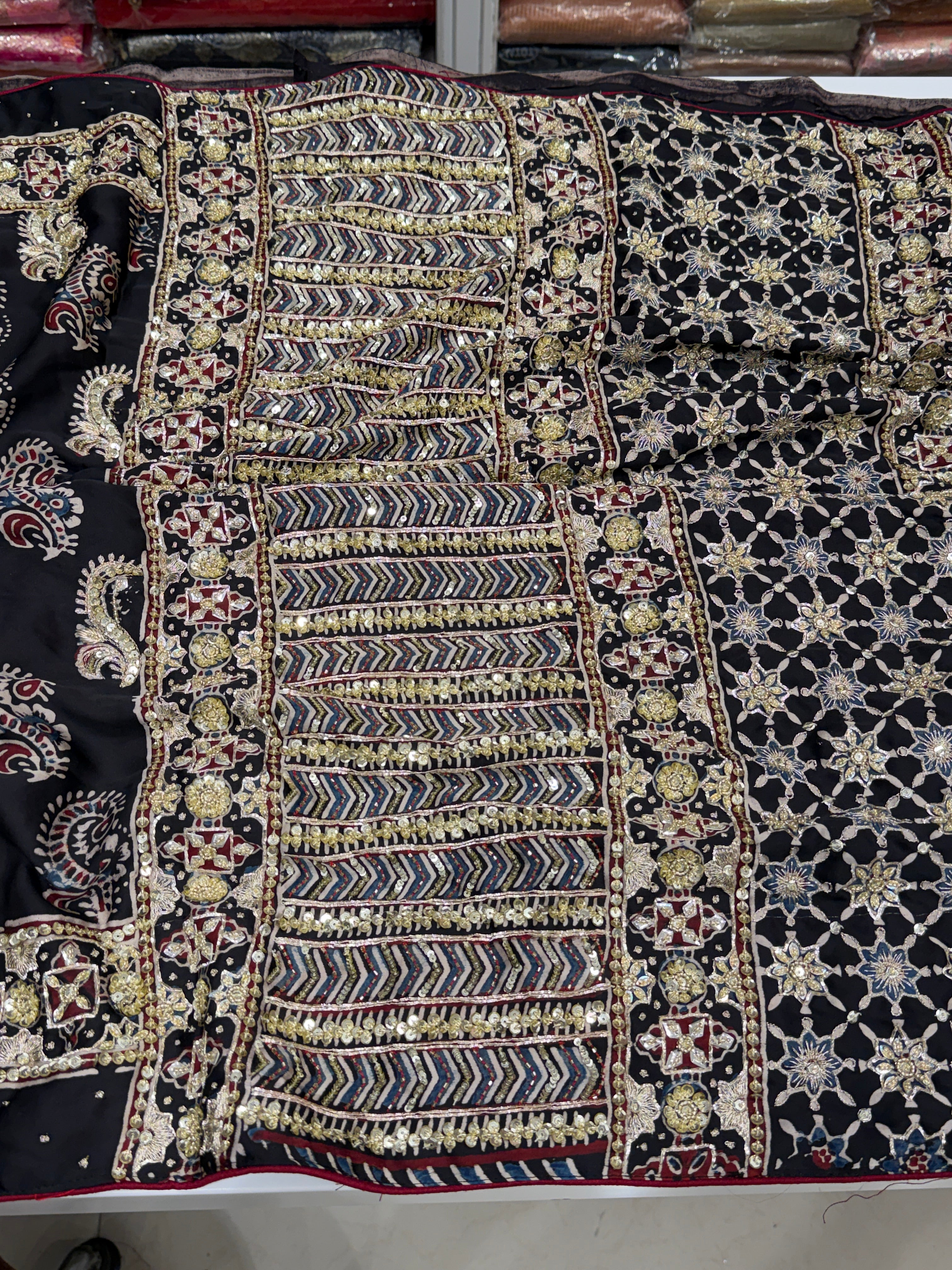 Black Buttas Zardosi Pita Sequin Ajrakh Hand Embroidery Saree