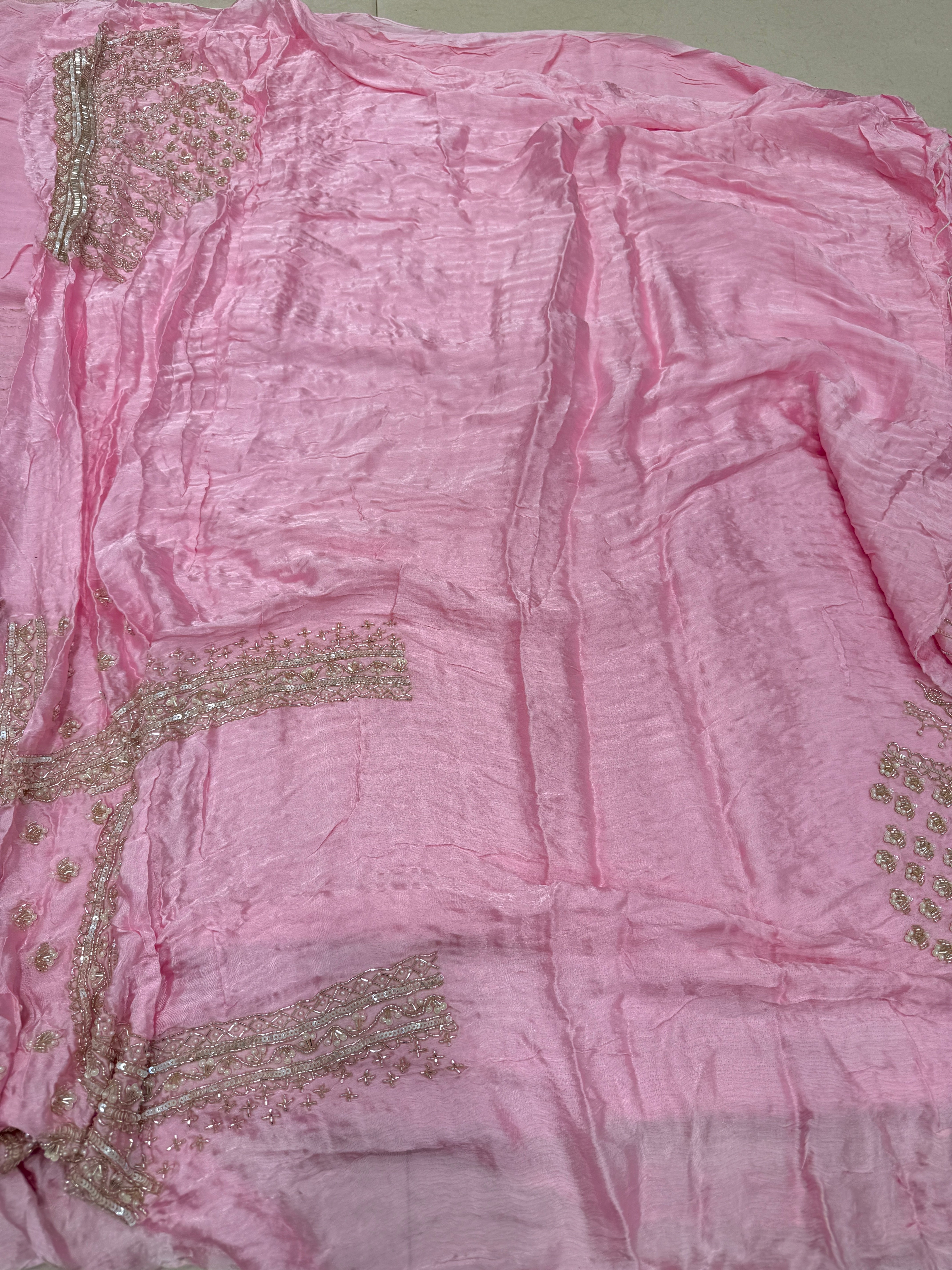 Pink Satin Crepe Moti MM inspired Hand Embroidery Saree