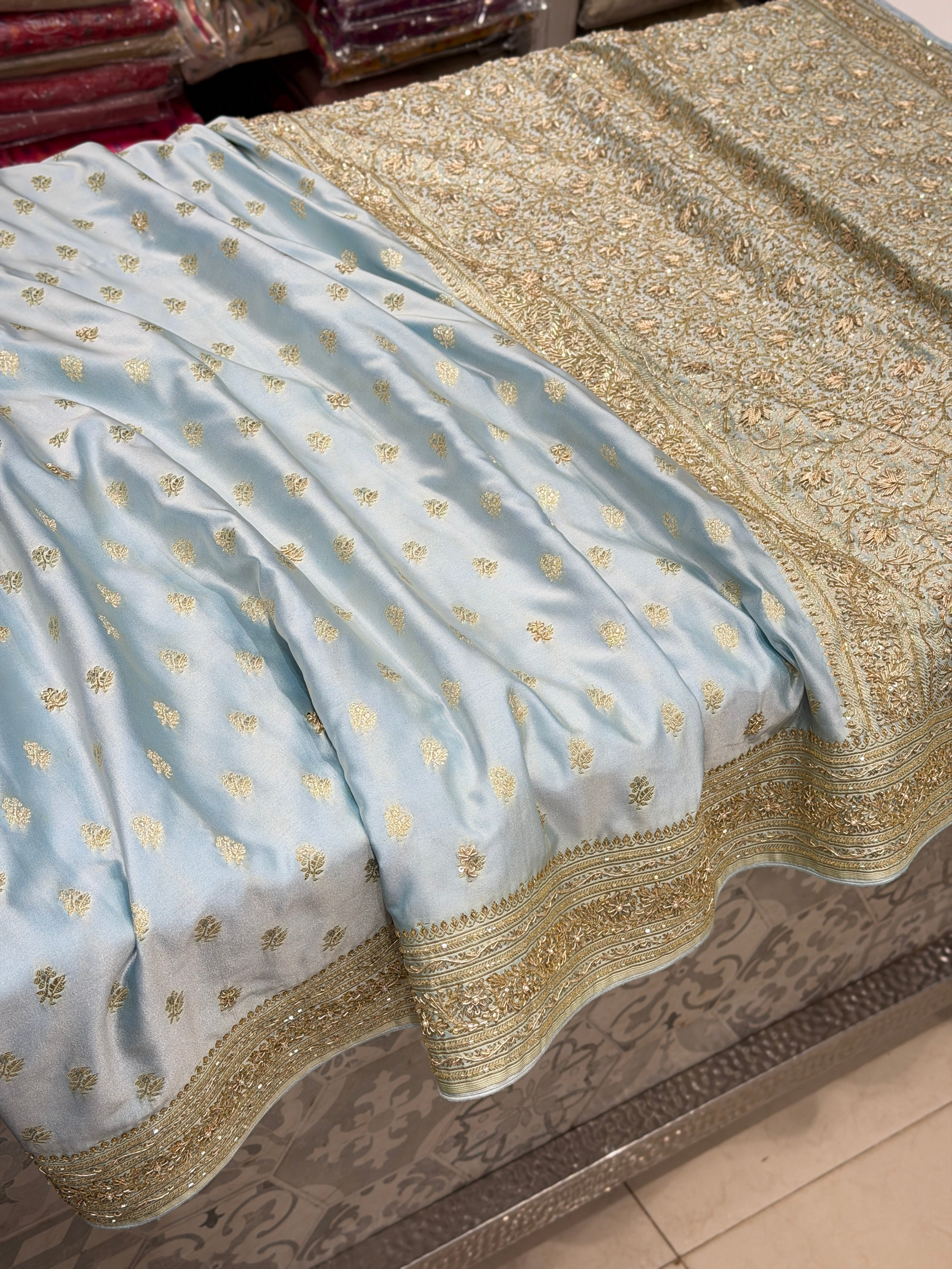 Light Blue Banarasi Buttis Zardosi Chain Hand Embroidery Saree